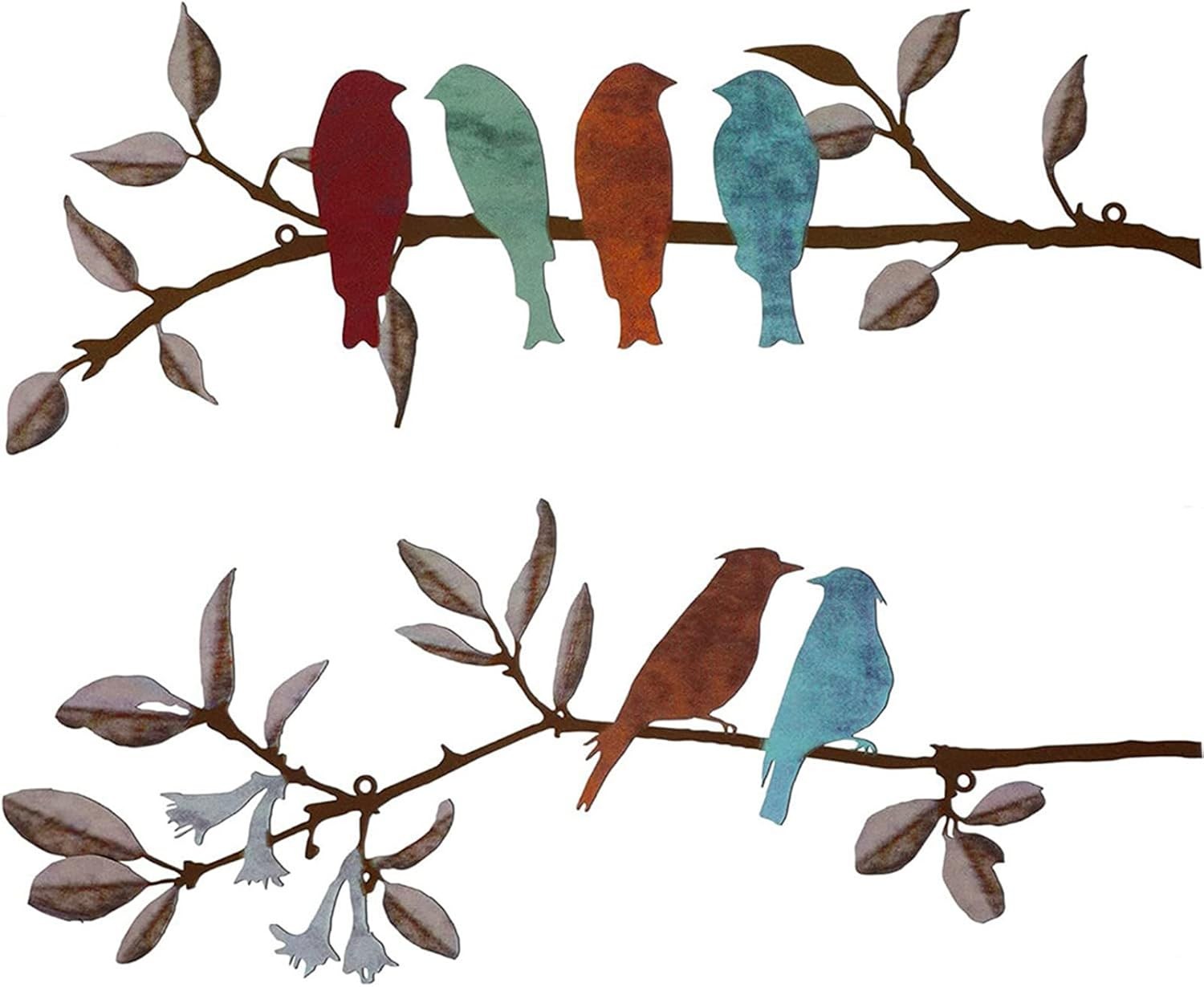 2 Pcs Metal Birds Hanging Bird Picture Wall Decor, Vivid Birds on Branch Art, Metal Silhouette Sculpture, Colorful Leaves Rustic Decor, for Balcony Garden, Indoor & Outdoor (Black)