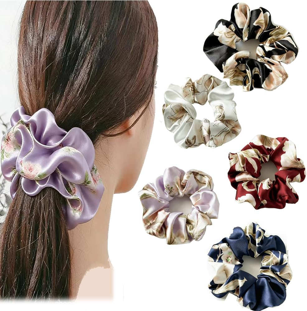 Large Silk Hair Scrunchie, Women'S Silk Scrunchie, Soft Silky Elastic Hair Bobbles, Ponytail Holder, Elastic Hair Band for Women and Girls (Pack of 1) image number 5