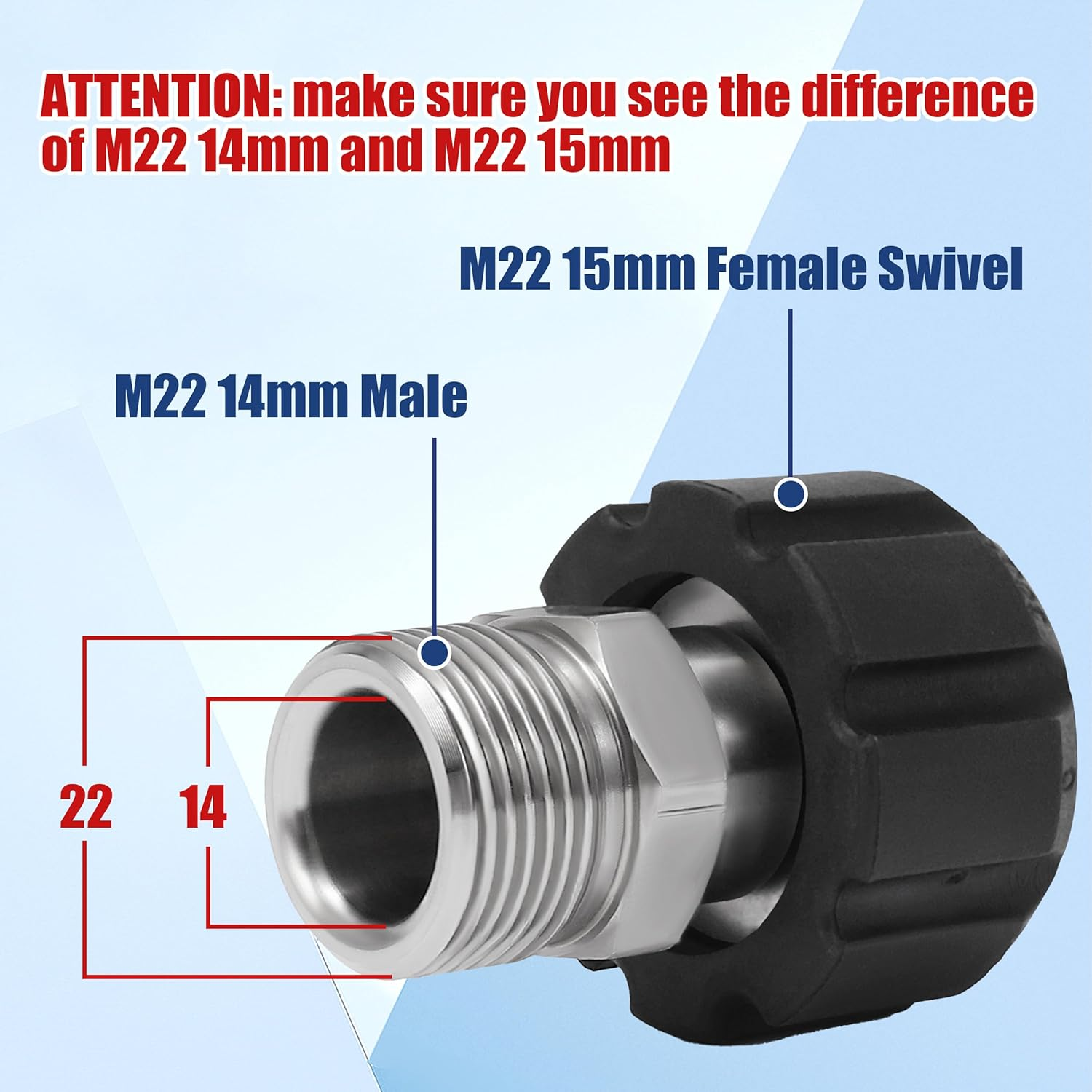 M Mingle Pressure Washer Adapter, Metric M22 15Mm Female Thread to M22 14Mm Male Fitting, Stainless Steel, 4500 PSI