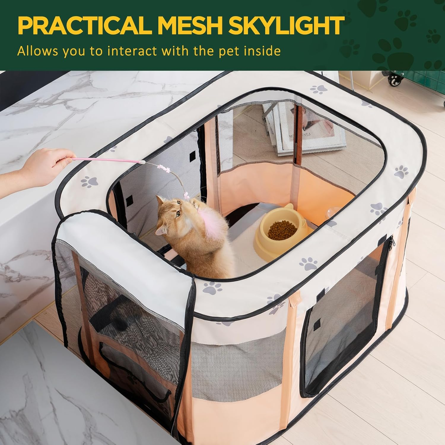 Avont Portable Dog Cat Playpen, Foldable Pop up Pet Play Pen Travel Crate with Floor and Mesh Door Top for Indoor Outdoor Collapsible Tent Cage -S, Orange - Blue image number 3