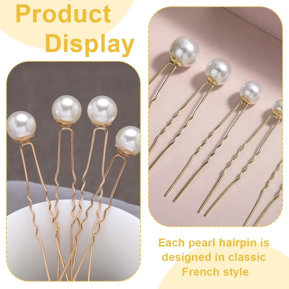 Weddhuis 8 Pieces Hair Pins with Beads, U Shaped Hair Accessories, Pearl Hair Pins for Bride, Wedding, Prom, Party, Girls, Bridesmaid (4 Sizes) (Gold)