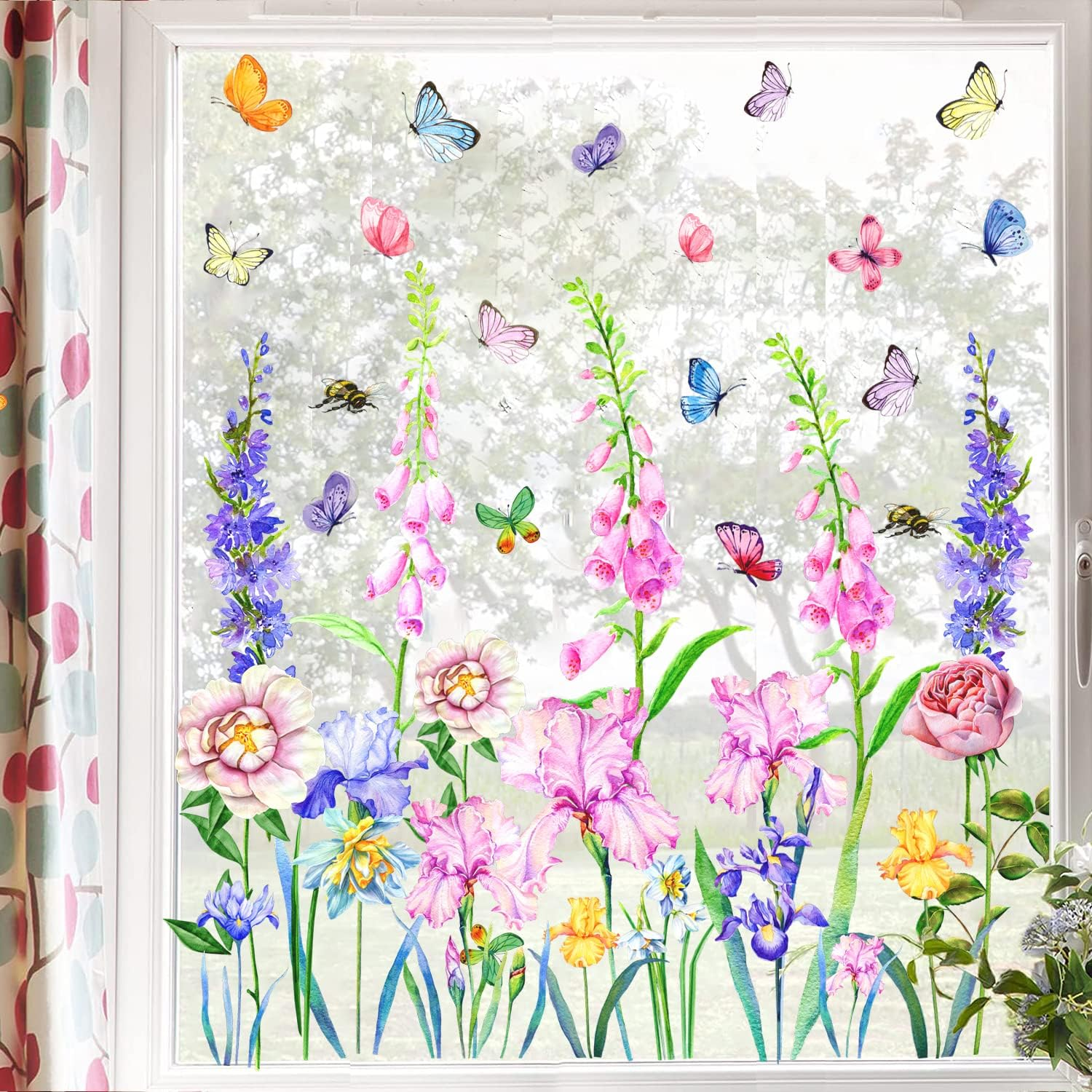 KOKOLAP Garden Flowers Window Clings,Flower Wall Stickers,Iris Florals Window Decals Peel and Stick,Green Leaves Wall Vinyl Decal,Butterfly Bouquet Wall Art Decor for Girls Bedroom Kitchen Living Room - Yellow image number 2