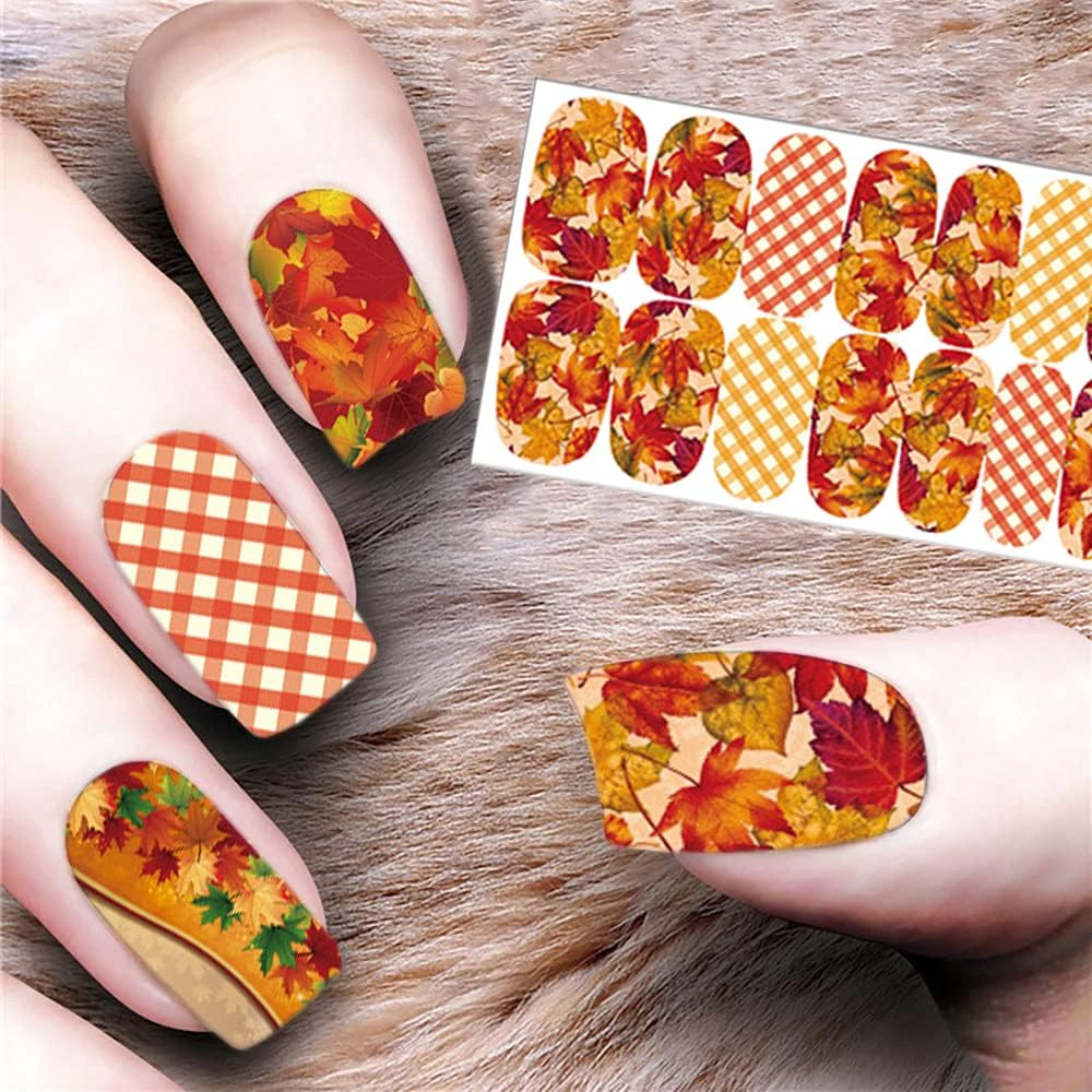 168 Pieces Nail Stickers Self-Adhesive Autumn Nail Stickers Maple Leaves Nail Foil Gold Leaves Nail Foil Autumn Thanksgiving Nail Art Stickers Design image number 3