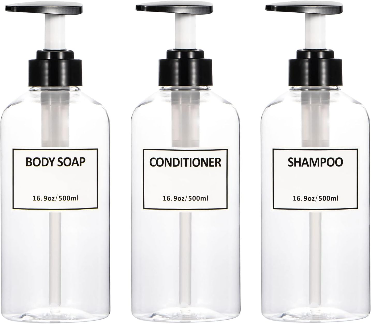 Yeeco Shampoo Pump Bottle, Clear Shampoo Bottles Dispenser with Waterproof Labels 16.9Oz/500Ml 3 Pack Refillable for Shampoo and Conditioner，Bathroom, Kitchen, Hotel image number 3