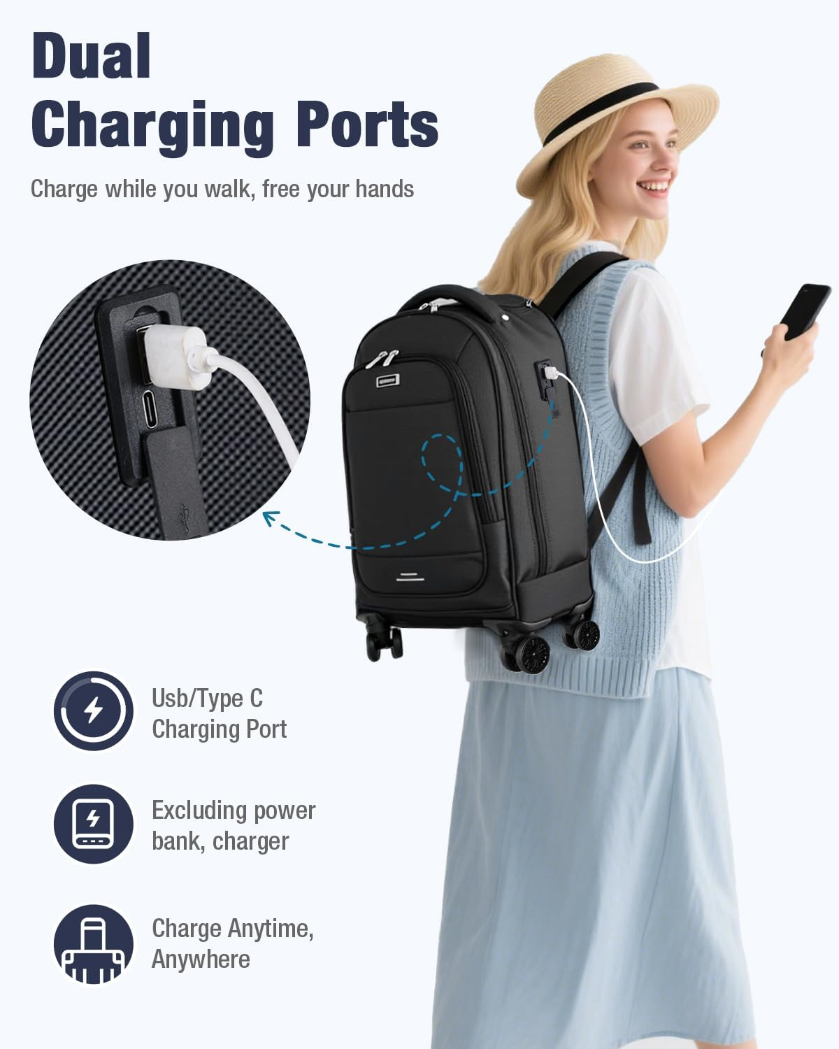 Ponhog Rolling Backpack with 4 Wheels, 15.6 Inch Travel Laptop Backpack for Women Men, Water Resistant Roller with USB Charging Port, Airline Approved Wheeled Work Bag, Black image number 4