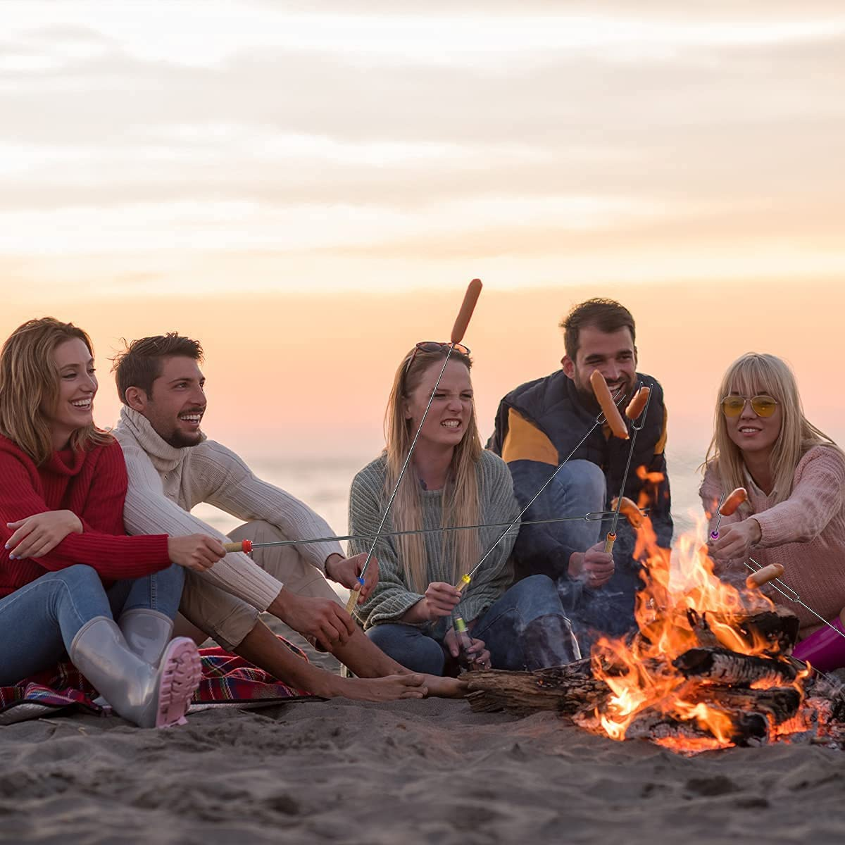 Marshmallow Roasting Sticks, Fyvadio Set of 8 Telescoping Smores Skewers & Hot Dog Forks with Wooden Handle for Fire Pit Campfire - 32 Inch Stainless Steel BBQ Kit for Outdoor Camping image number 3