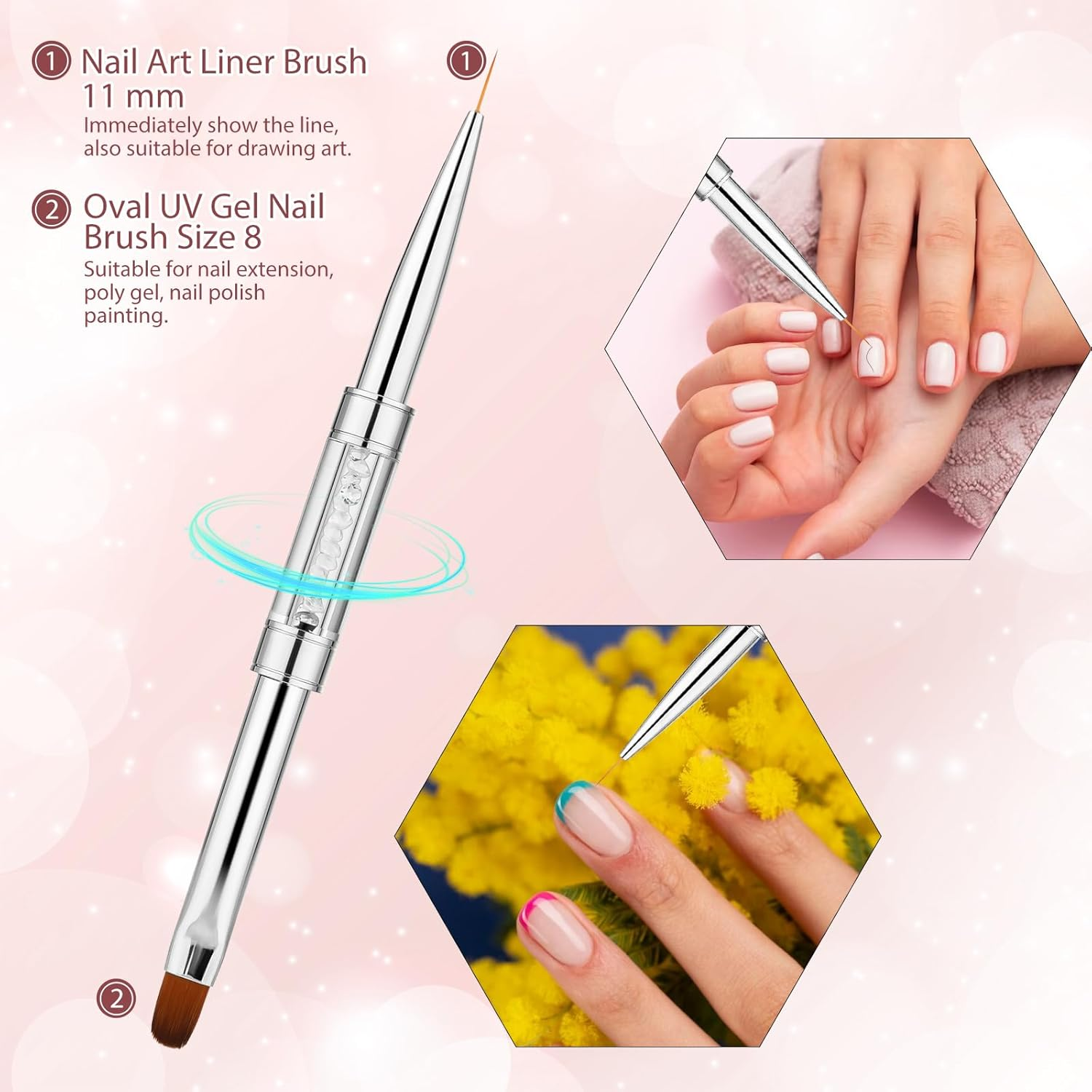 2Pcs Dual-Ended Nail Design Brush Builder Gel Brush Rhinestone Handle UV Gel Nail Brush Thin Nail Brush Set Nail Liner Brush Striping Nail Art Brushes for Nail Art Design - White, Black image number 5