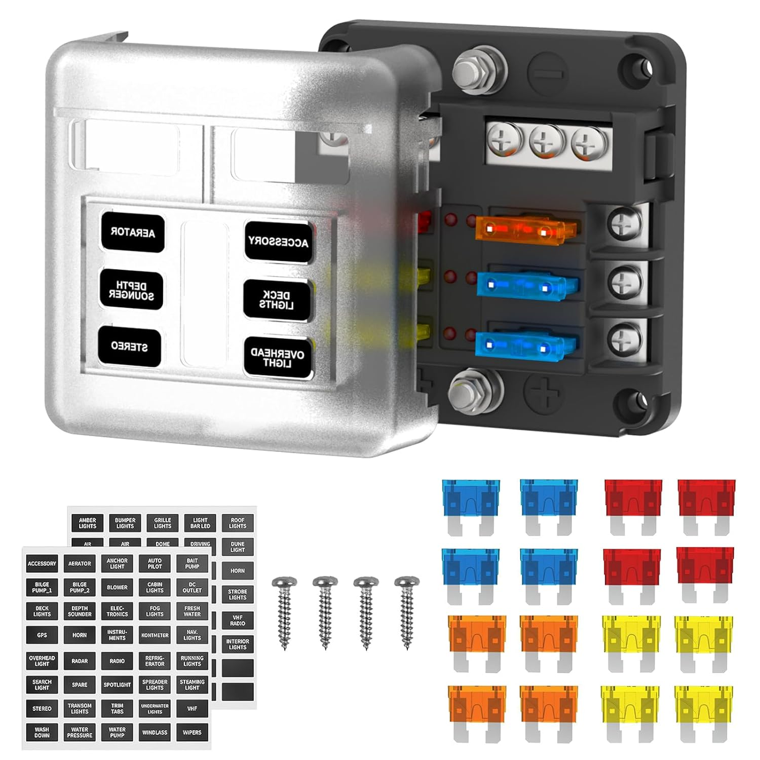 MAEZOE 6 Way 12V Fuse Box with LED Indicator, Heavy Duty Waterproof Blade Fuse Panel with Label Stickers & Negative Bus, for Car Marine RV Truck Boat DC 12-24V image number 2