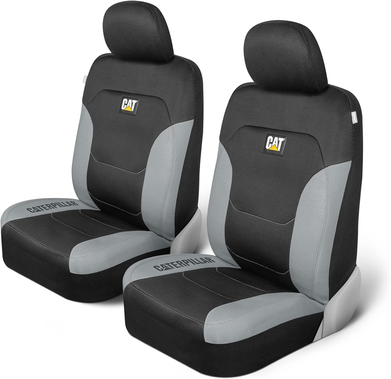 Caterpillar Flexfit Automotive Seat Covers for Cars Trucks and Suvs (Set of 2) &ndash; Black Car Seat Covers for Front Seats, Seat Protectors with Gray Honeycomb Trim, Auto Interior Covers