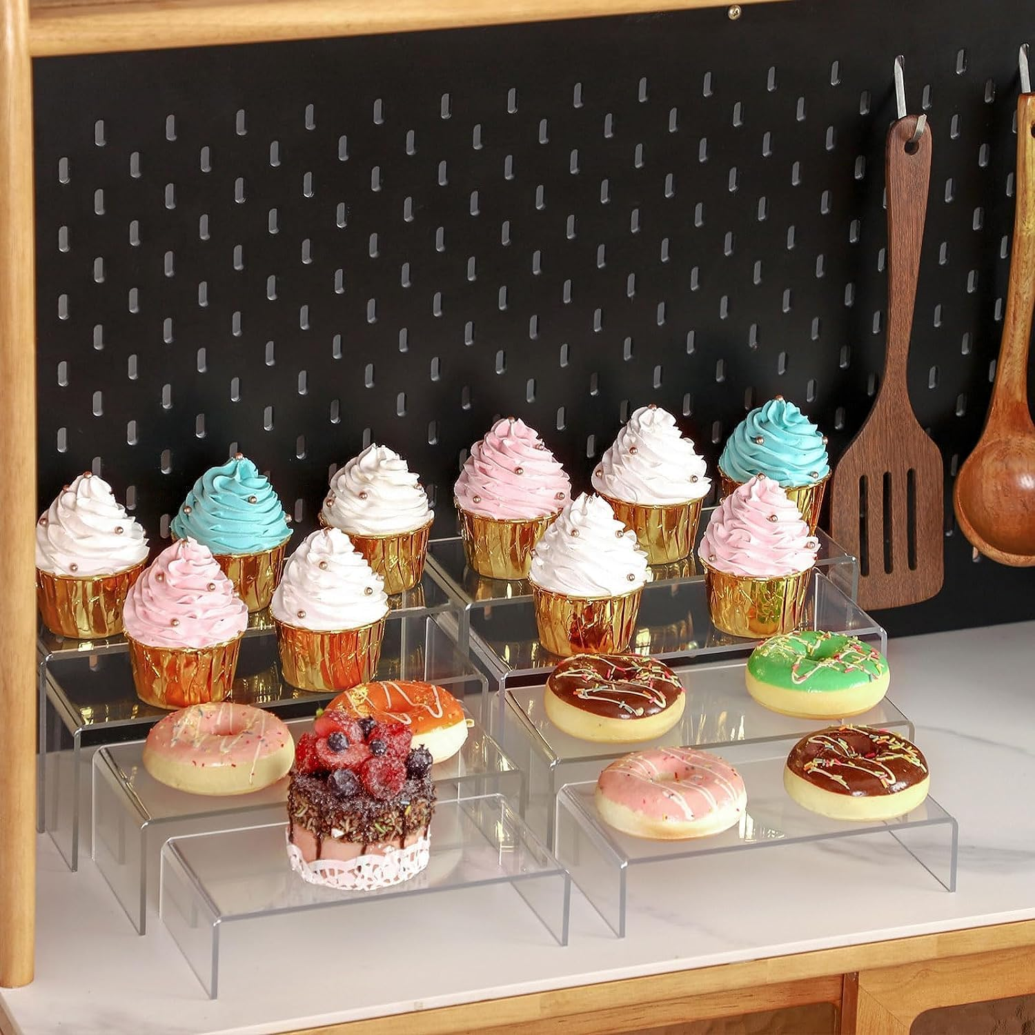 3 Pcs Clear Acrylic Display Stand 3 Tiers Rectangular Clear Acrylic Risers Collectibles Jewelry Display Shelf Display Shelves Cupcake Dessert Stand (Style A) image number 5