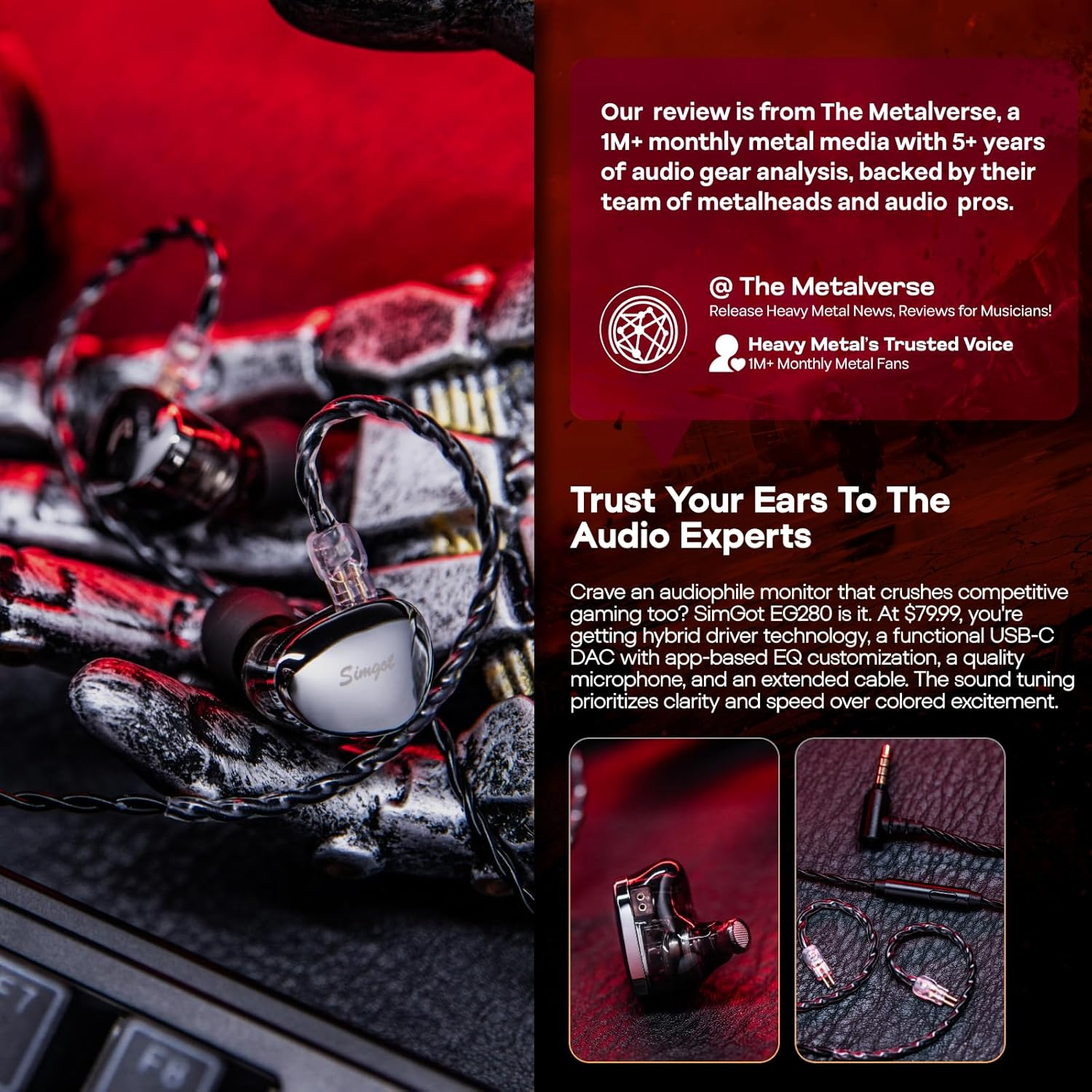 Linsoul SIMGOT EG280 in Ear Monitor, 1DD+1 Planar Hifi IEM, Wired Gaming Earphone with Microphone, 1.7M Long Detachable 2Pin OFC Cable, with USB-C Adapter, for FPS Games and Audiophile Musician image number 2