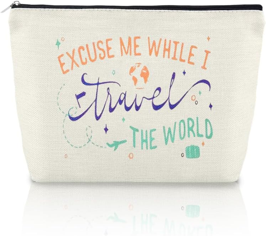 World Travel Gifts for Women Makeup Bags Birthday Christmas Xmas Gifts for Traveler Flight Attendants Friends Mom Daughter Trip Gift Excuse Me While I Travel the World Makeup Organizer Cosmetic Bag image number 3