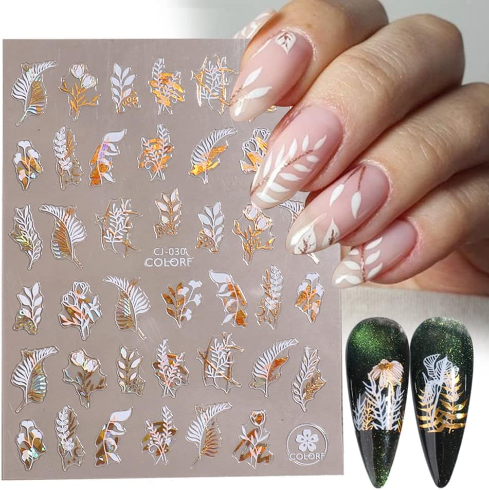 Flower Nail Stickers, 3D Metal Gold Spring Nail Decals Metallic Gold White Cherry Blossoms Leaves Bees Flowers Spring Nail Art Design DIY Nail Decoration for Women Kids(9 Sheets) image number 5