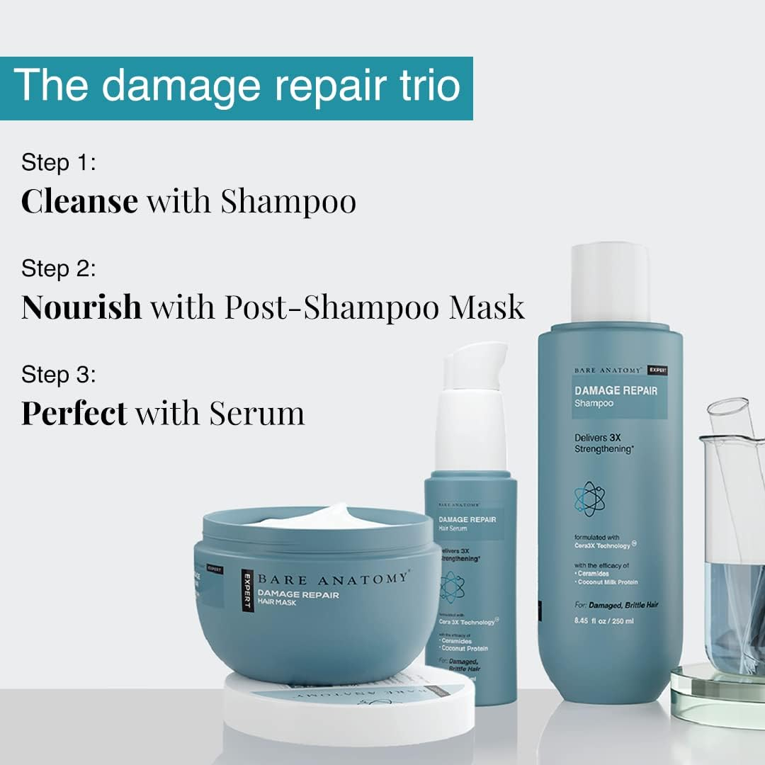 Bare Anatomy Damage Repair Shampoo and Hair Mask and Serum Kit | Repairs Damaged Weak & Dry Hair | Sulphate & Paraben Free | Women & Men | (8.4 Oz + 8.4 Oz + 1.6 Oz)