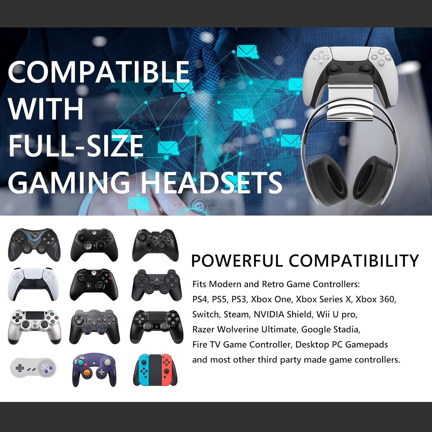 Geekria Acrylic Dual Gamepad Controller & Headphone Stand Holder, Wall Mount Gaming Headphone Hanger Hook for PS4 PS5 Xbox ONE Xbox Elite2 Game Controller Pulse 3D Headset