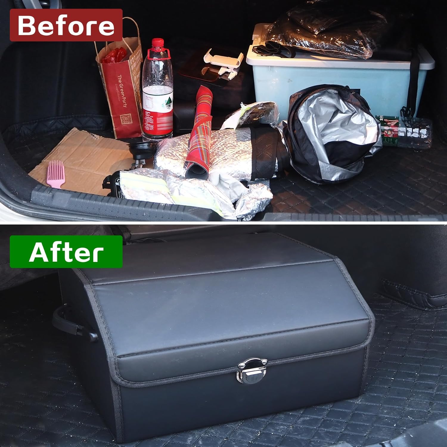 Trunk Organizers for Car, Boot Organizer for Suvs, Leather Storage Box for Sedan, Button Lid, Collapsible Adjustable Compartment Boot Tidy Organizer Accessories for Sedan Pickup Truck RV (Black) image number 6