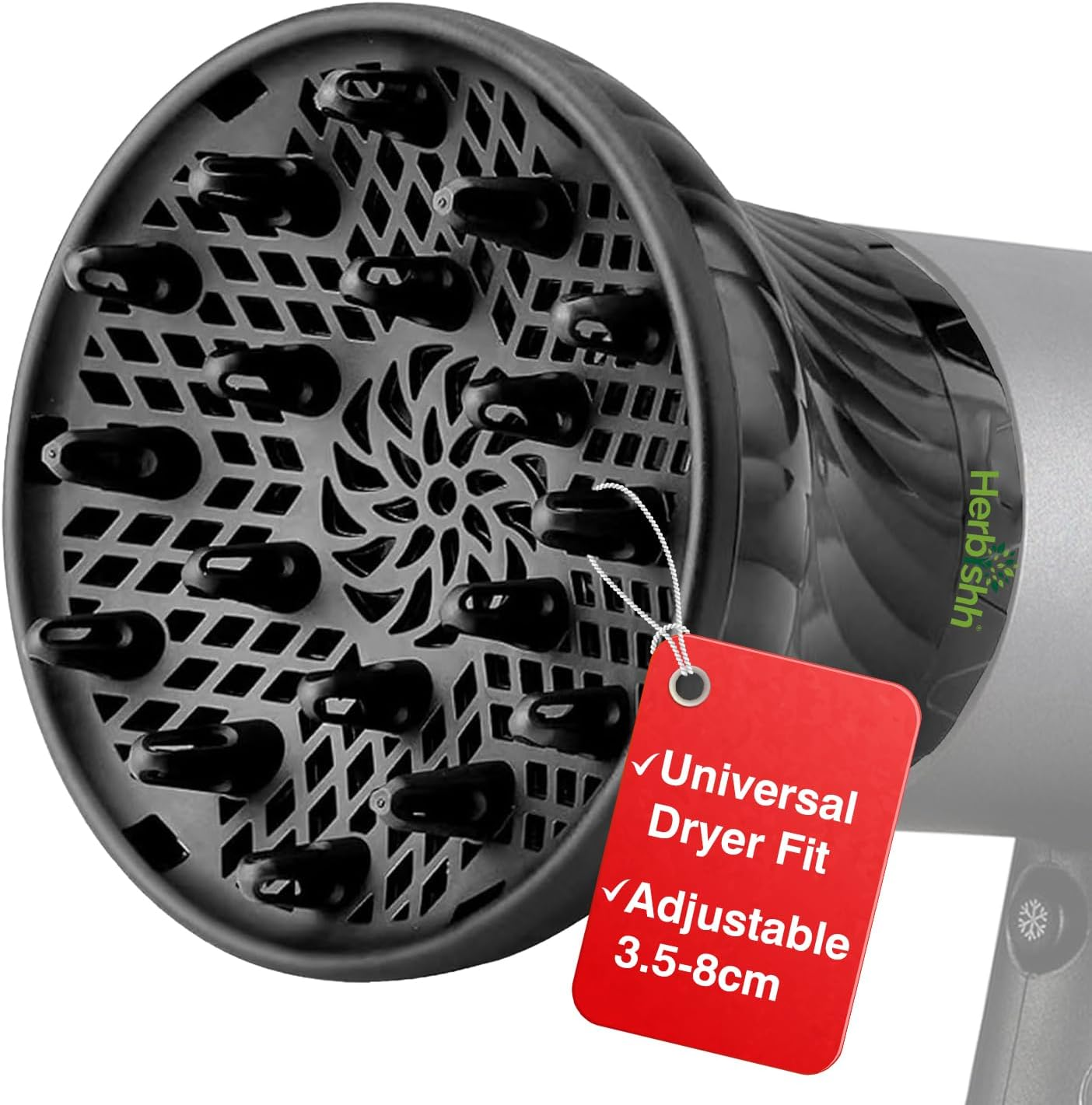 Herbishh Hair Dryer Diffuser Attachment for Even Heat Distribution, Universal Fit for Curly, Thick & Wavy Hair, Reduces Frizz & Adds Volume, Adjustable from 3.5 to 8 Cm (Black)