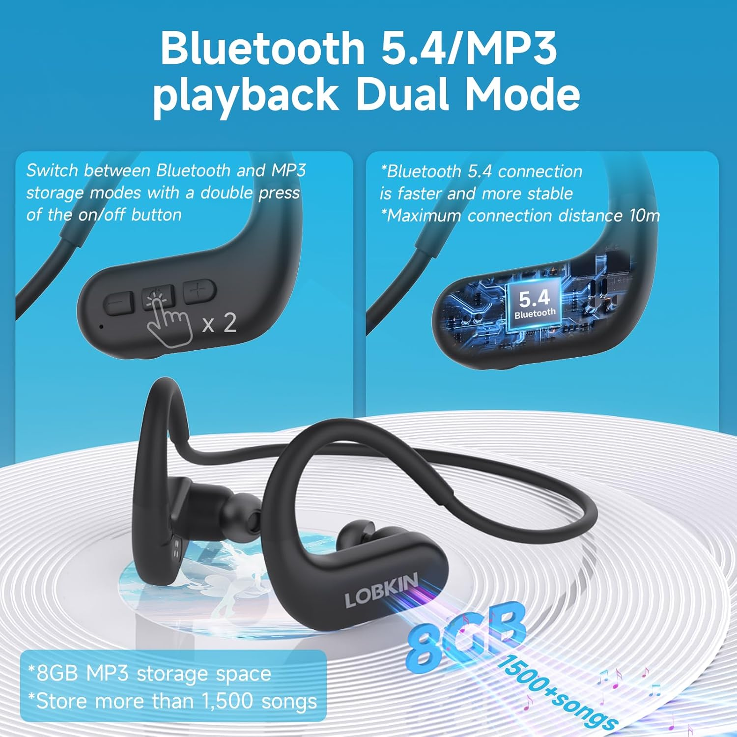 LOBKIN Waterproof Earbuds for Swimming, Bone Conduction Headphones IPX8 Swimming Headphones 8GB Memory Bluetooth 5.4 Wireless 8H Playtime in Ear Underwater Sport Earphones for Swimming, Running image number 2