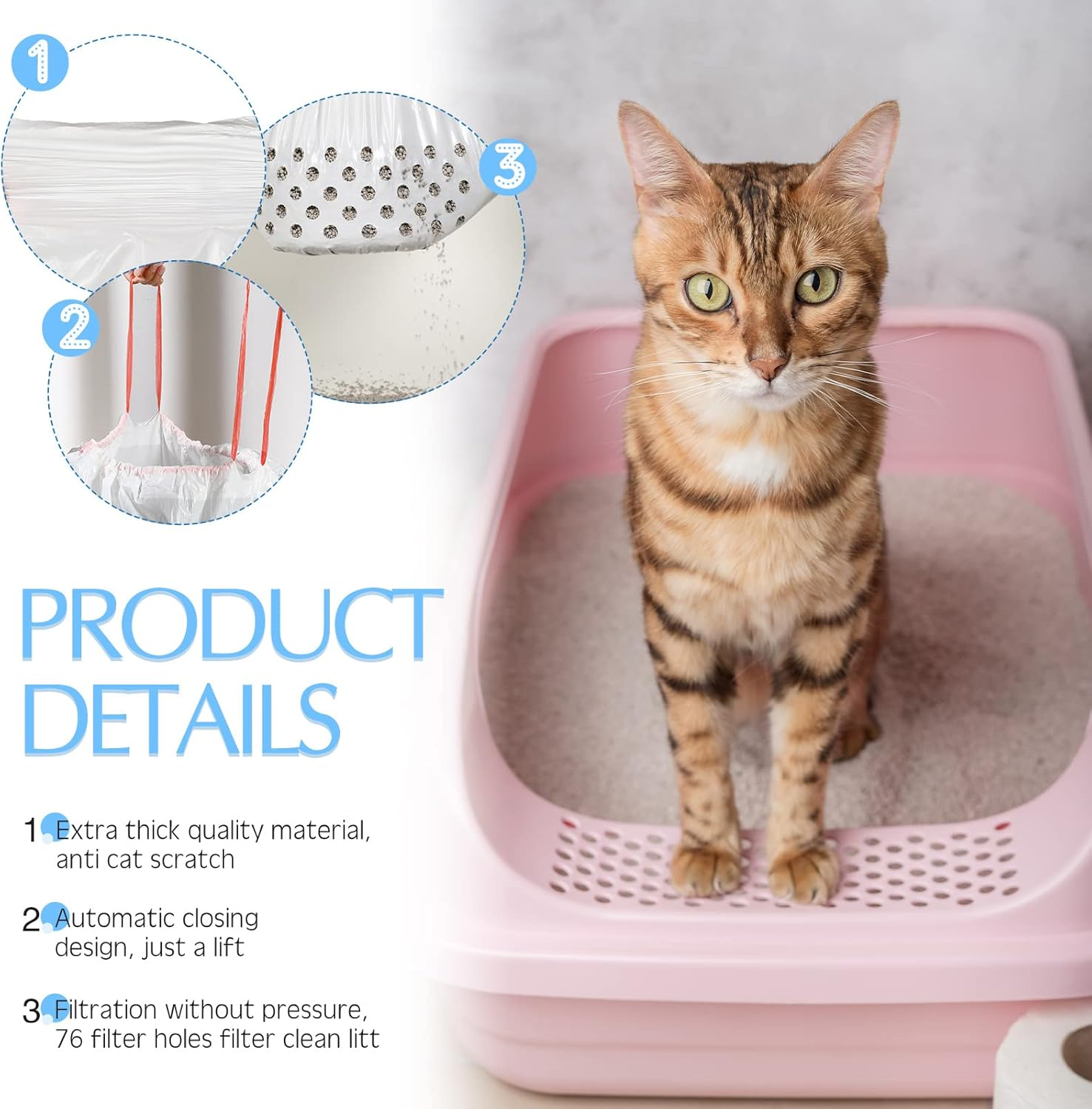 Jutom 28 Count Sifting Litter Box Liners, Drawstring Jumbo Sifting Cat Litter Bags with Holes, 31 X 18 Inch 22 Lb Capacity Portable Thick Scratch Resistant Drawstring Bags for Pet Cats image number 4