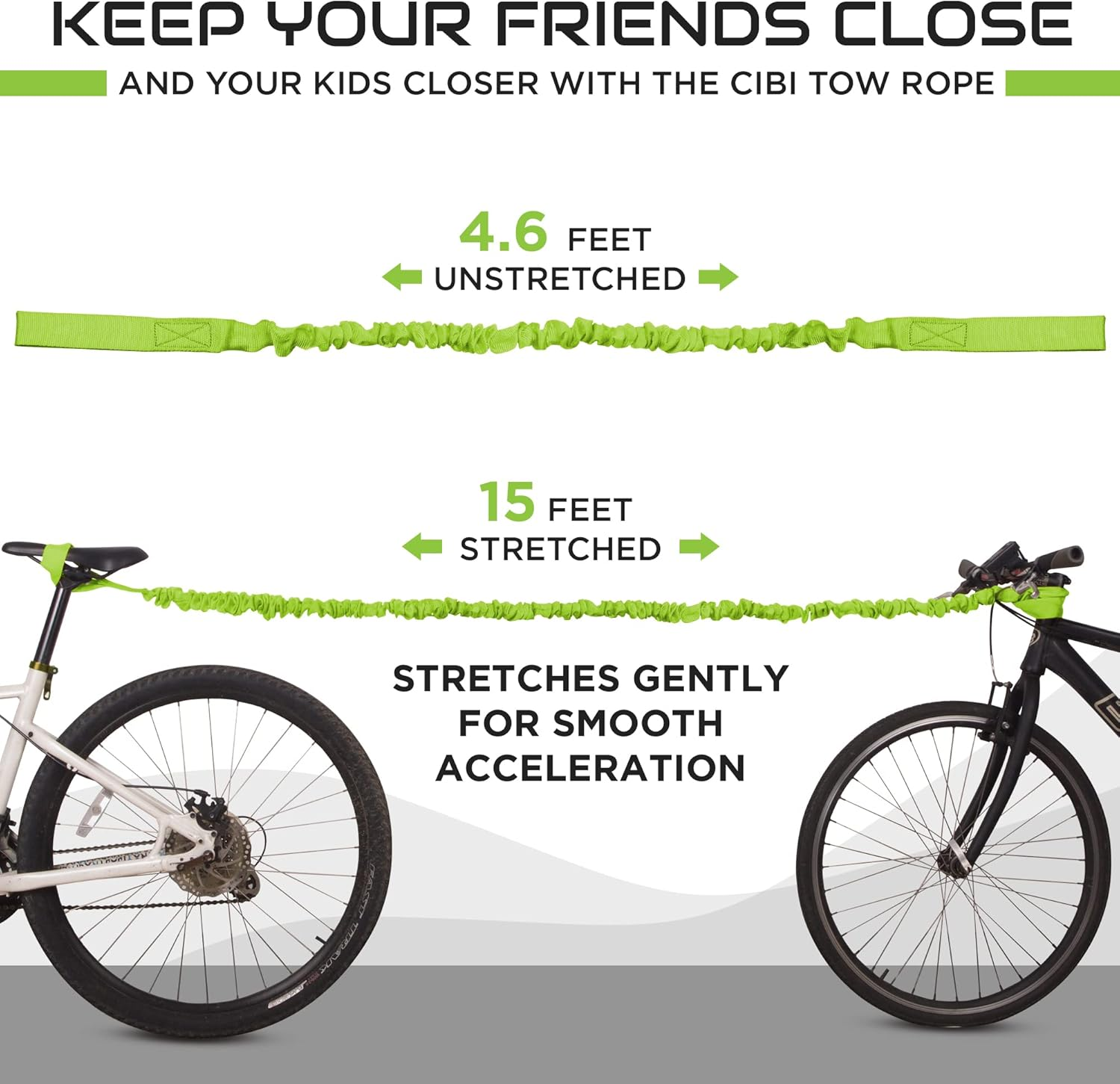 Cibi Bike Bungee Tow Rope - Heavy-Duty Uphill Cyclist Tow Strap with Secure Loops, Stretches 4.6-15 Ft, 4,000 Lbs Resistant - for Small Bikes, MTB & More image number 2