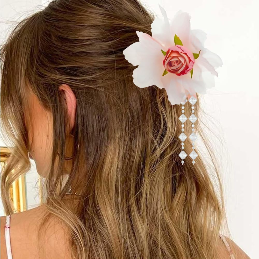 2 PACK Flower Tassels Hair Clips, Medium Flower Clips for Thick Thin Hair, Beautiful Girls Flower Hair Claw Clips Non Slip Hair Accessories for Women Girls image number 2