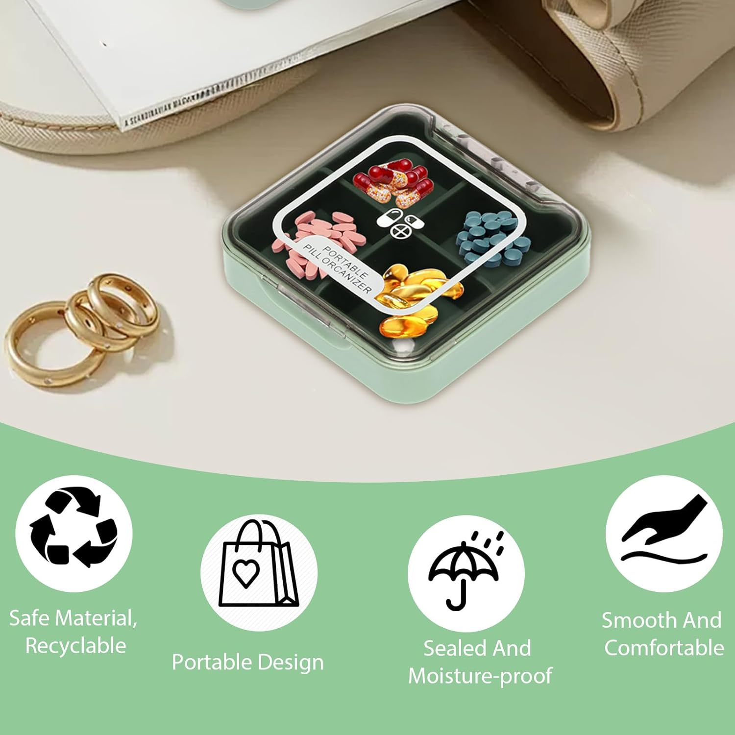 Small Pill Organiser, 4 Compartments Portable Travel Pill Organizer, Sealed Moisture-Proof, Medicine Box for Fish Oil Vitamins Supplements for Daily Travel Work People Carry image number 4