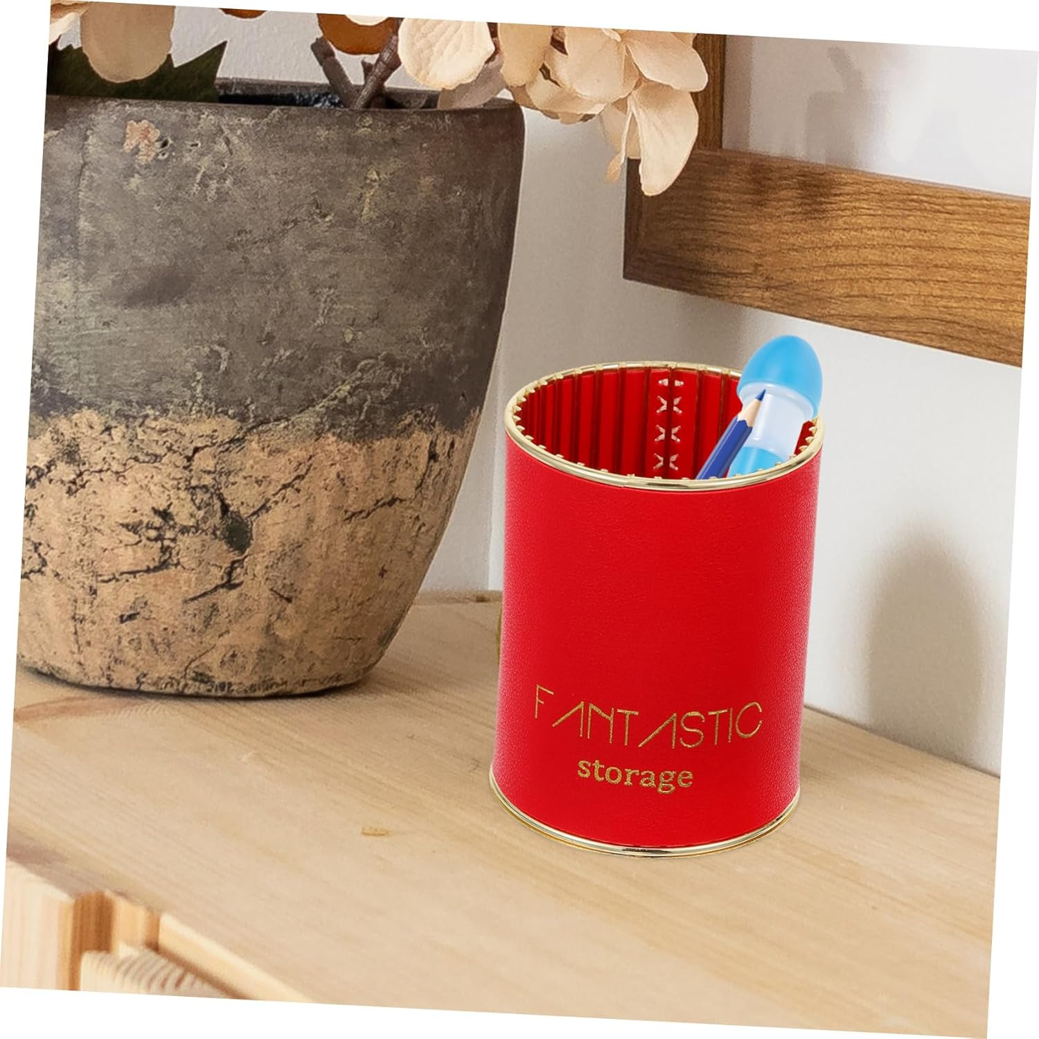 SECFOU Stylish Makeup Brush Storage Tube Desk Organizer Storage Box Leather Pen Holder