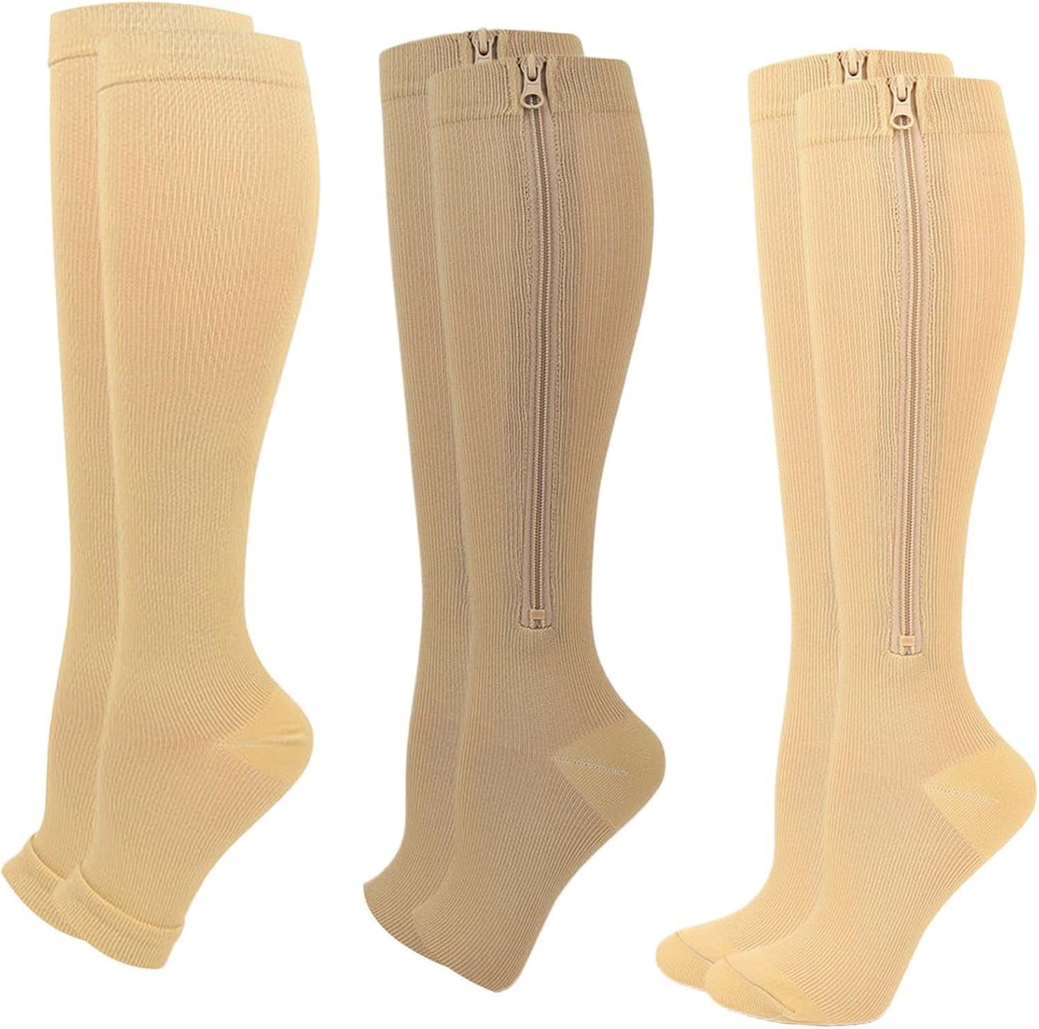 Dress Cici Open Toe Compression Socks, Toeless Compression Socks with Zipper, Zippered Sock for Women (3 Pack)