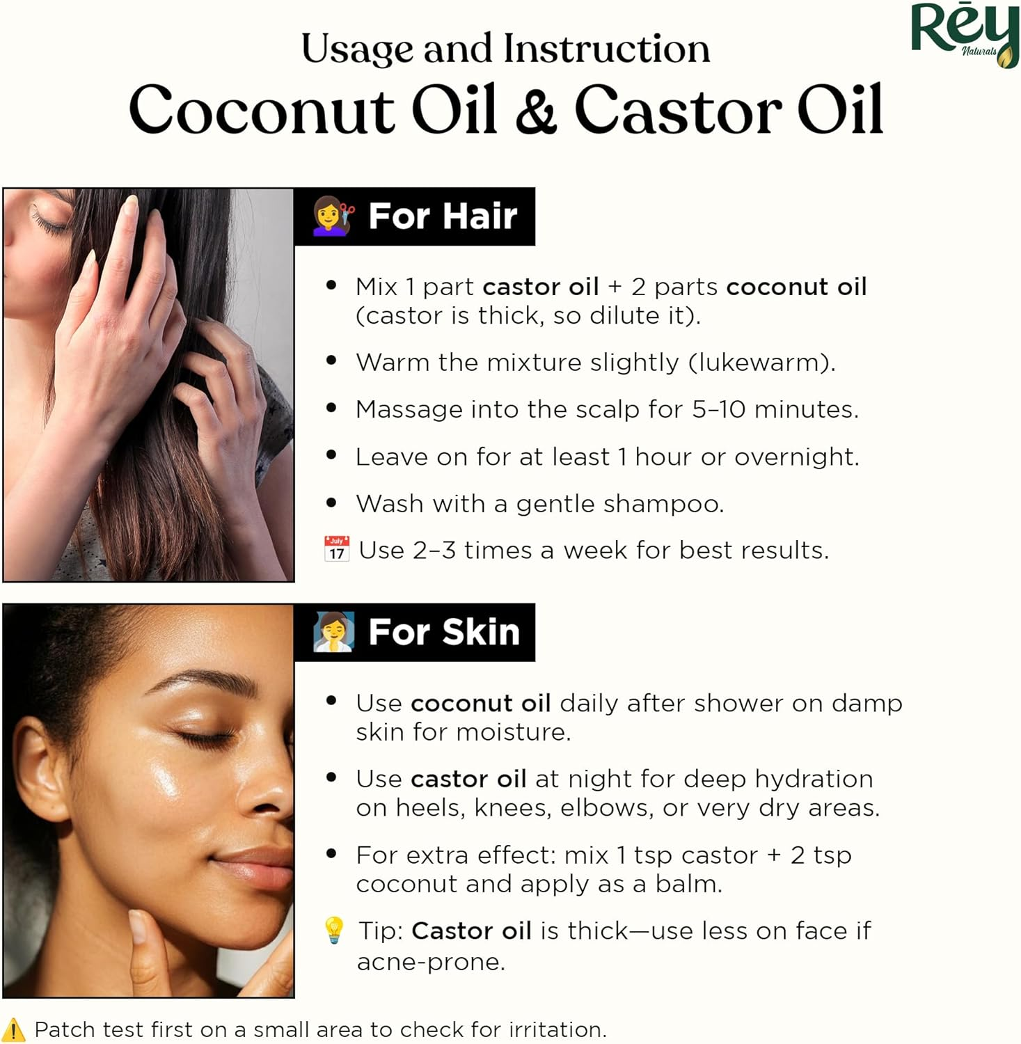 Rey Naturals&reg; Cold-Pressed, 100% Pure Castor Oil & Coconut Oil Combo - Moisturizing & Healing, for Skin, Hair Care, Eyelashes (200 Ml + 200 Ml) image number 2