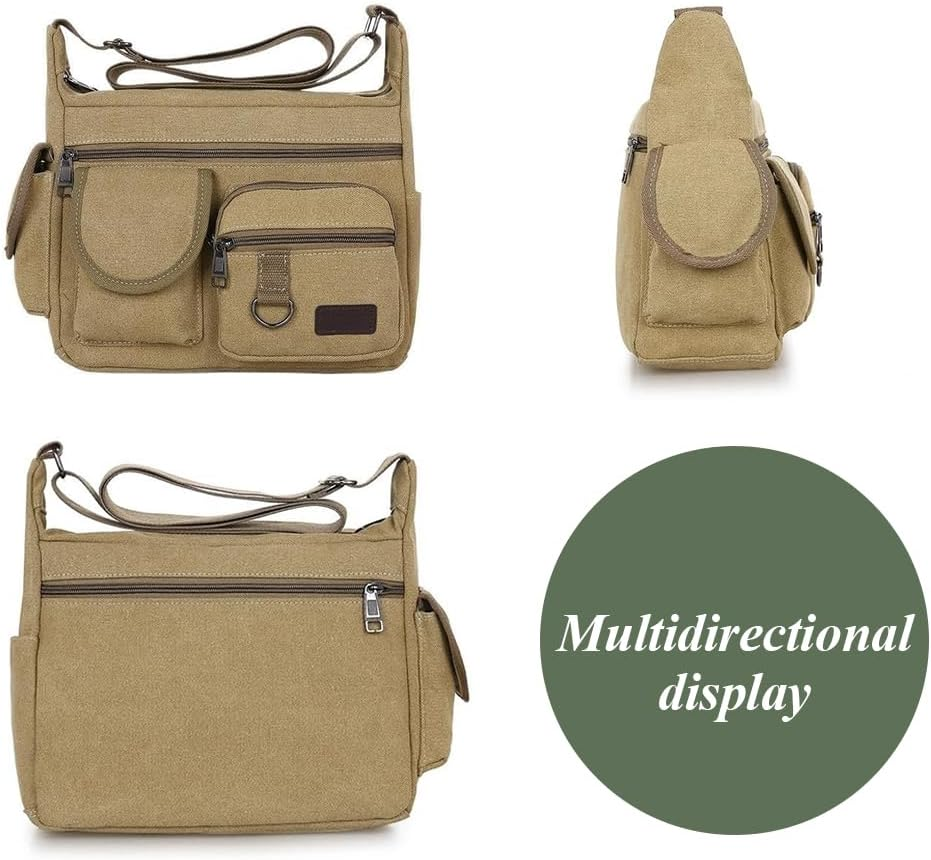 Canvas Crossbody Bag with Water Bottle Holders, Multi Pocket Messenger Bag, Vintage Laptop Bag, Briefcase for Men and Women Khaki (30 * 23 * 12 CM) image number 4