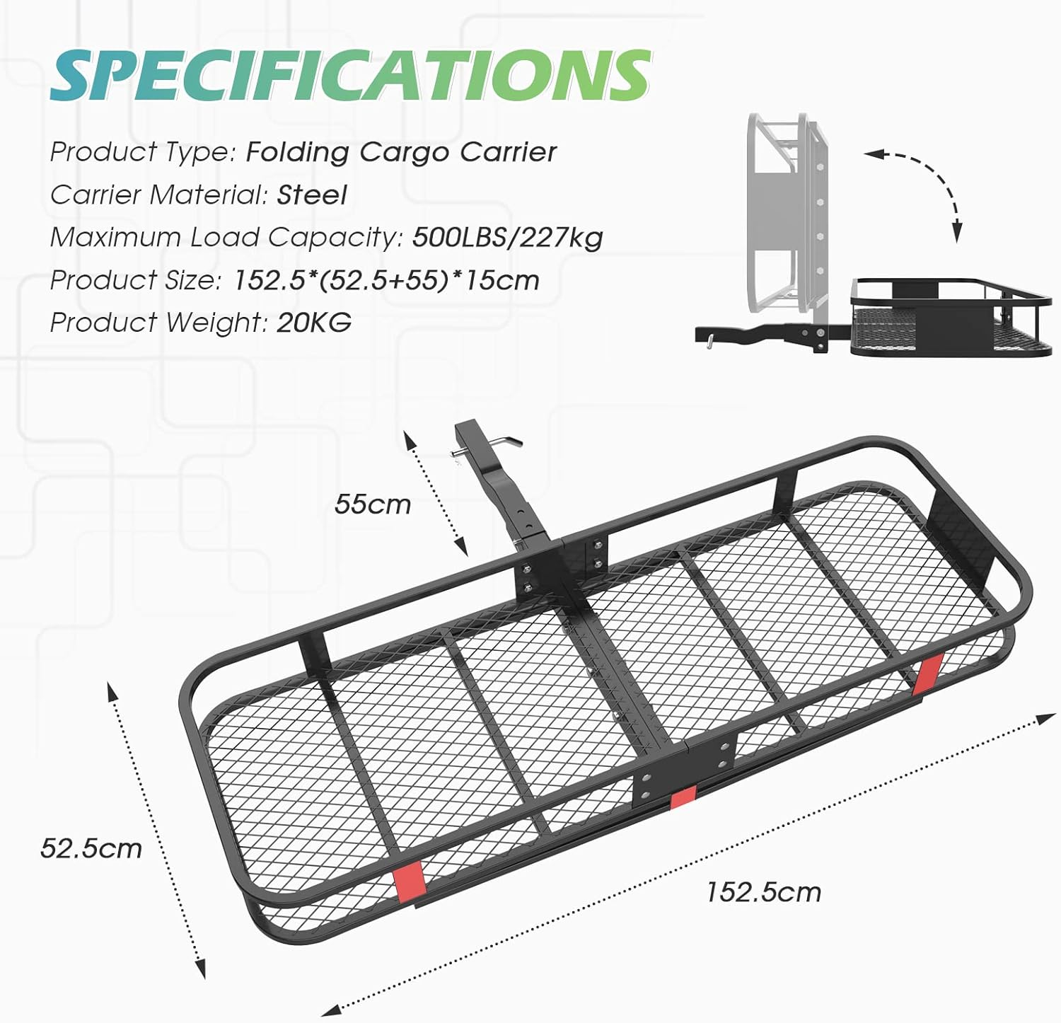 ADVWIN Folding Hitch Mount Cargo Carrier 60X21X6 Inch Fits to 2'' Receiver,550Lbs(227Kg) Capacity Cargo Basket | Trailer Hitch Cargo Carrier | Tow Hitch Cargo Carrier image number 4