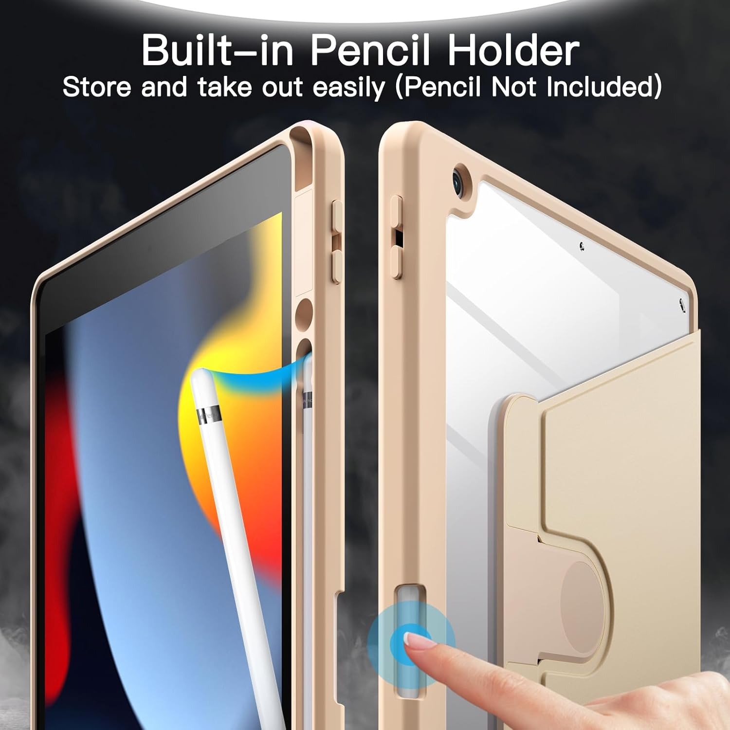 Jetech Rotating Case for Ipad 9/8/7 (10.2-Inch, 2021/2020/2019 Model, 9Th/8Th/7Th Generation) with Pencil Holder, 360 Degree Rotation Protective Stand Cover Clear Back, Auto Wake/Sleep (Beige)