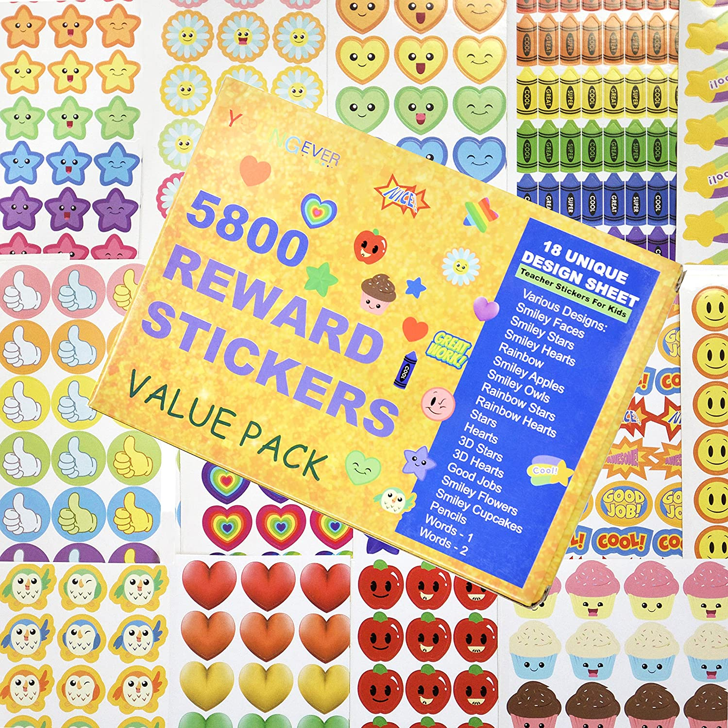 Youngever 5800 Pcs Teacher Stickers for Kids, Reward Stickers Mega Variety Pack, Incentive Stickers, 18 Design Styles Including 3D Heart, Face, Star, Owl, Cupcake