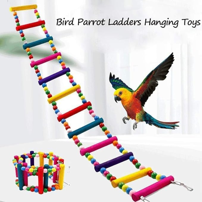 Ksngtixe 1 Pcs 12-Step Wooden Parrot Ladder - Rainbow Bird Climbing Bridge for Chewing & Play, Natural Wood Pet Toy for Hanging/Standing Cage Accessories image number 5