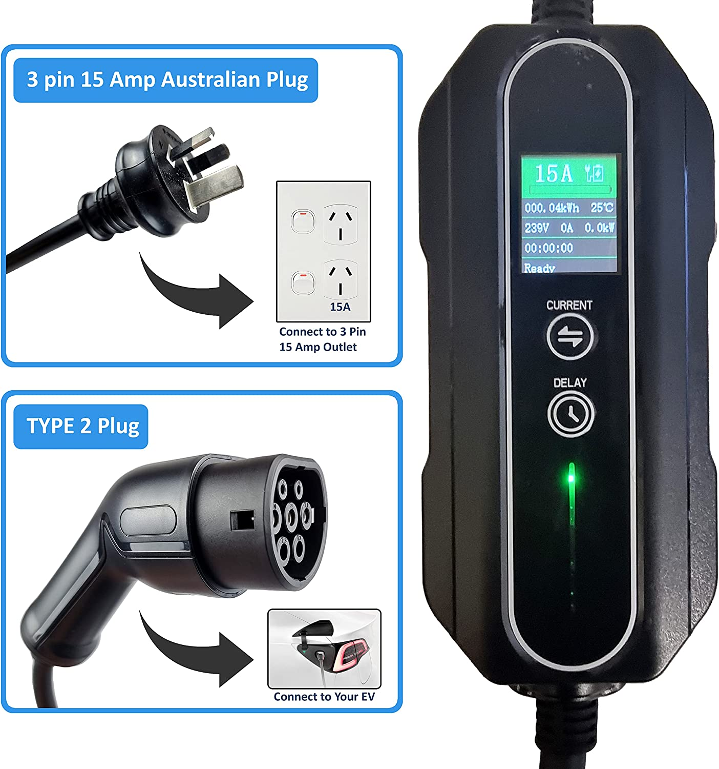 Portable EV Charger 15A Type 2 Adjustable 15 Amp 3 Pin Australia Plug to Type2 5 Metres Max Power 3.4Kw Fit Tesla Model Y Tesla Model 3 BYD MG EV UMC Replacement image number 1