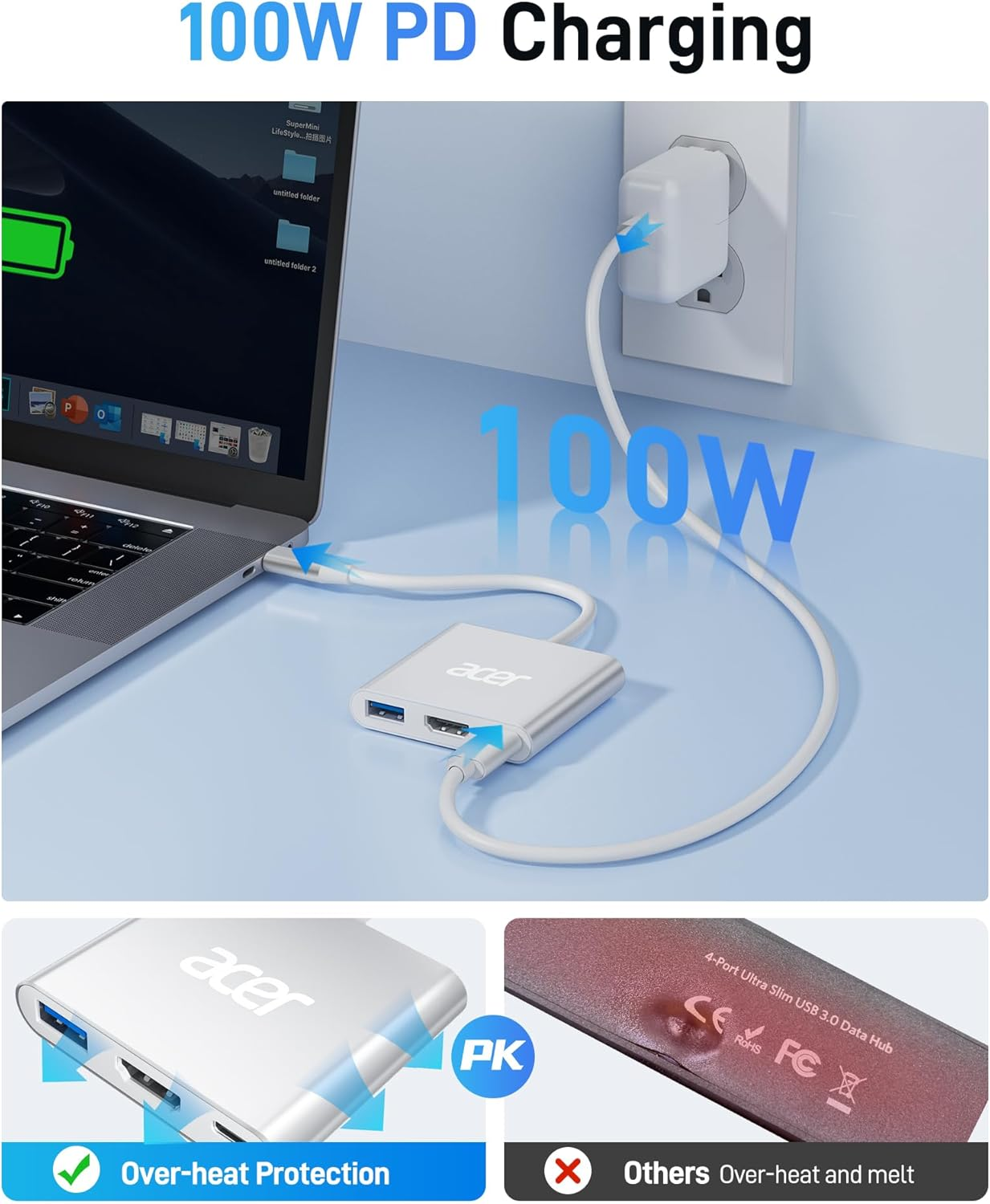 Acer USB C Hub 3-In-1 Adapter 4K HDMI Output USB 3.0 Port & 100W PD Charging Port, USB C Hub Compatible for Macbook Pro/Air, Ipad Pro/Air, Imac, Dell XPS, Steam Deck and More Type-C Devices - 03Grey image number 4