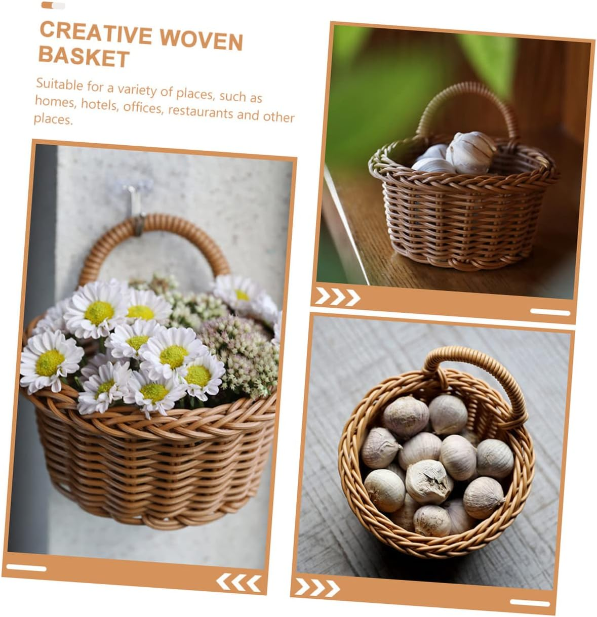 Anneome 2Pcs Decorative Imitation Rattan Wall Hanging Basket Multi-Function Woven Storage Baskets for Kitchen Organizers Sundries Creative Wall Decor Baskets for Onion Ginger Garlic image number 3