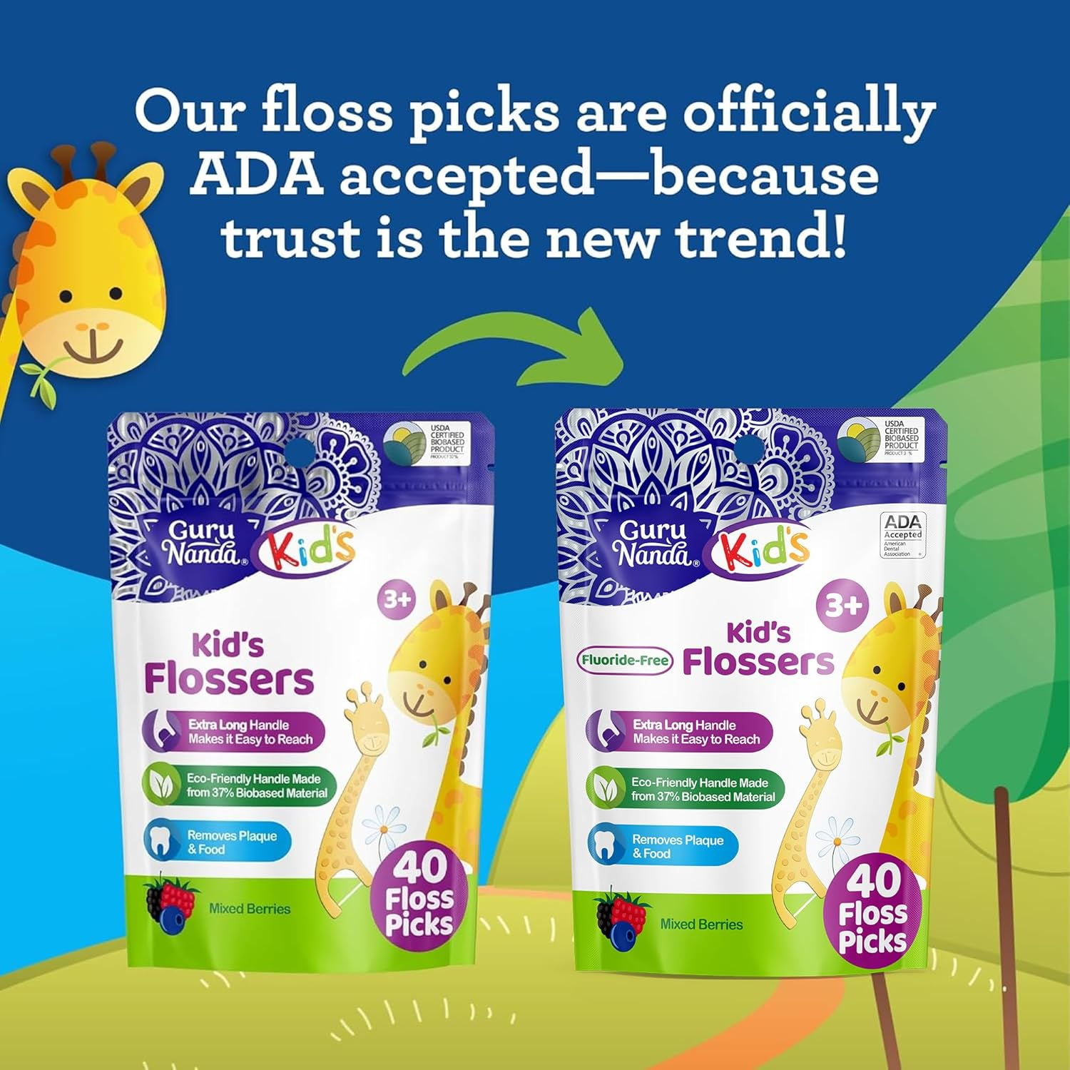 Gurunanda Dental Floss Picks for Kids, Extra-Long Giraffe-Shaped Picks with Fluoride, Anti-Slip & Shred-Resistant Design & Eco-Friendly Handle & Berry Flavor, Ideal for Ages 3+, 40 Count (Pack of 1) image number 3