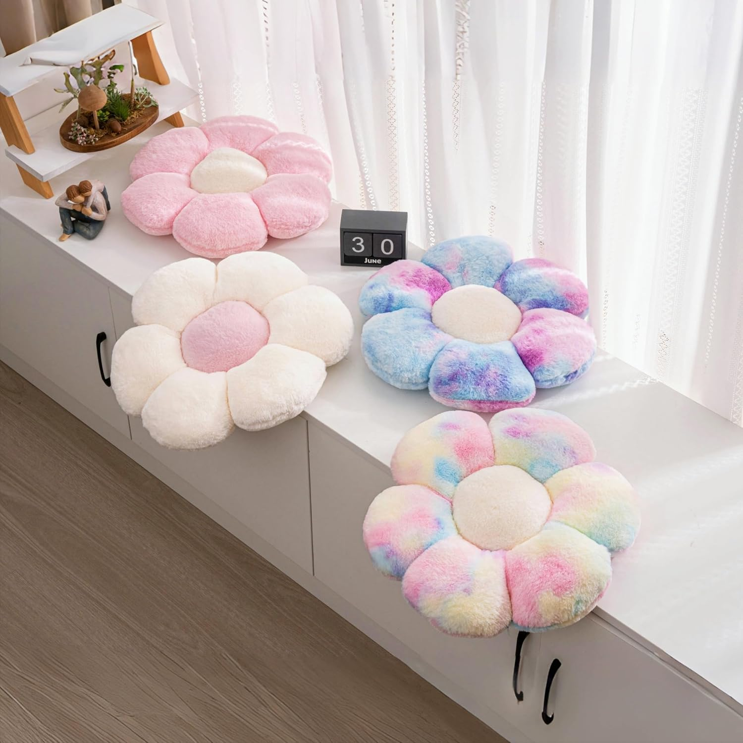 2 Pcs Flower Pillow Cute Pink Throw Pillows Daisy Flower Shaped Floor Cushions Set, Preppy Decorative Throw Pillows for Girls Bed Bedroom Couch Decor (Multicolour Purple & Multicolour Pink) - White  Multicolour Pink image number 7