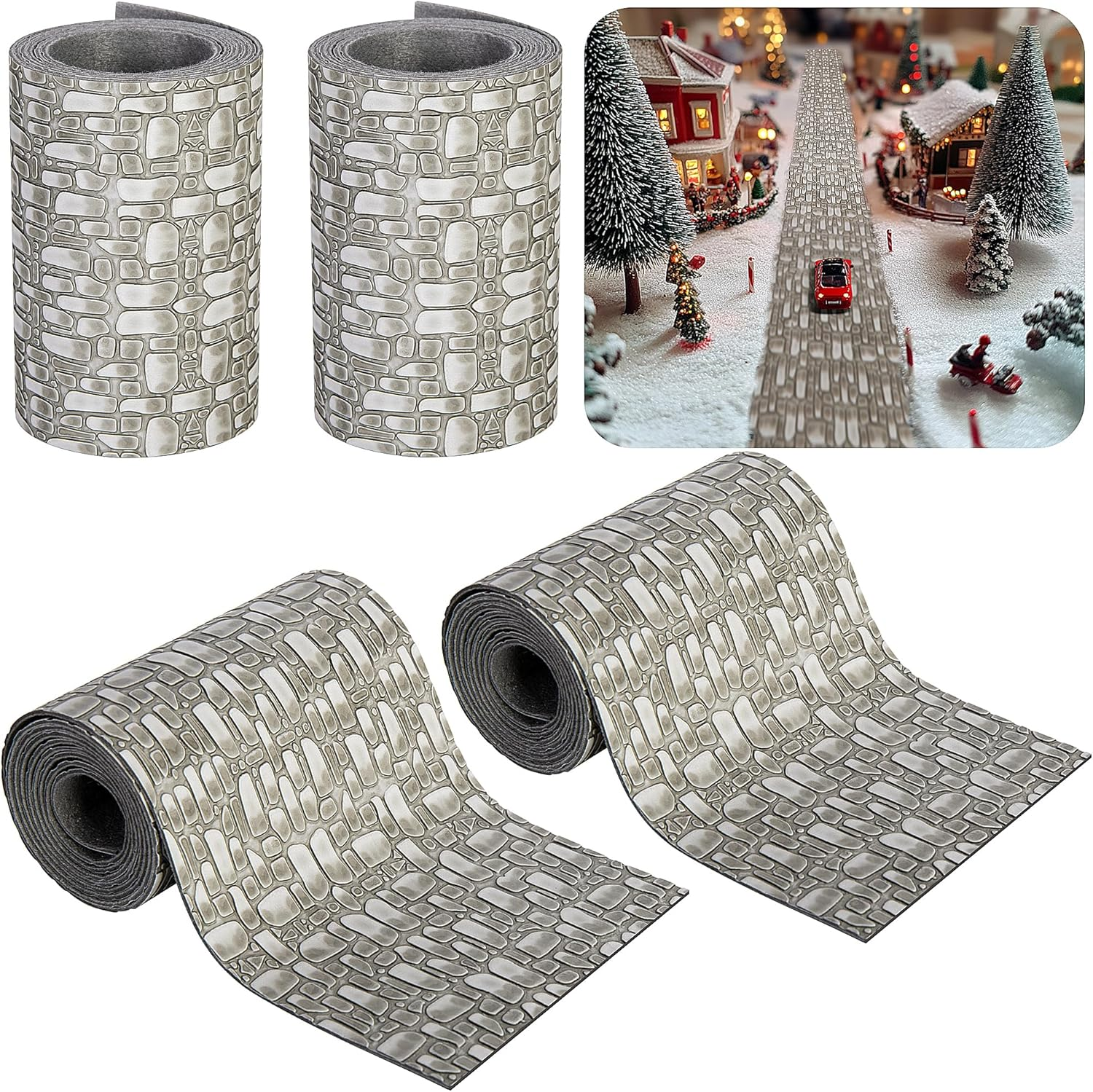 Iceyyyy 4 Pcs Cobblestone Road - 39 X 3.5 Inch Cuttable Christmas Landscape Road - Miniature Village Accessories for DIY Home Garden Decorations