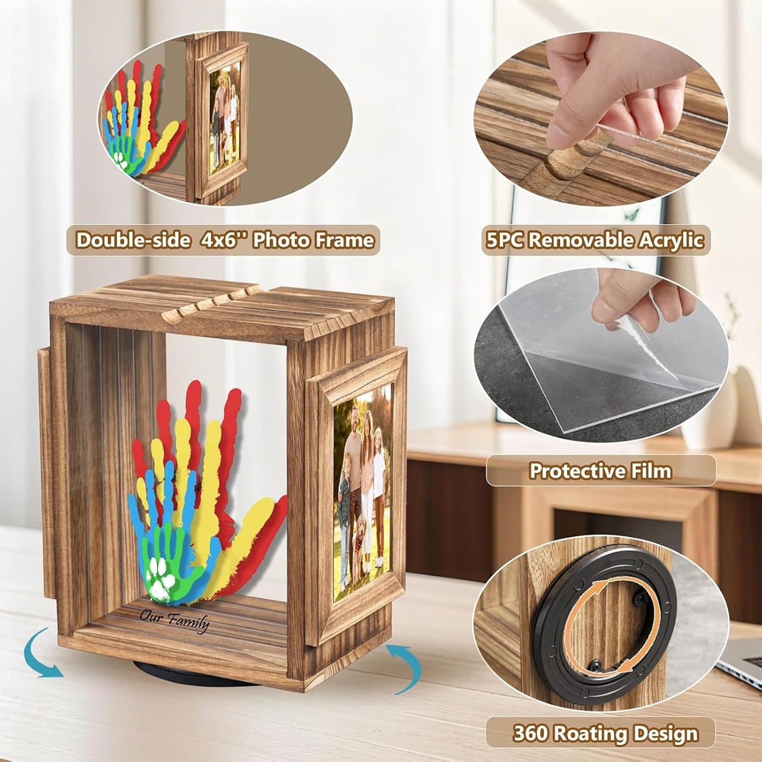 360 Rotating Family Handprint Kit, DIY Craft Keepsake for Baby Footprint Kit, Wooden Frame with 5 Paints Colors & Transparent Sheets, Gifts for Handprint Family Keepsake（Brown） image number 4