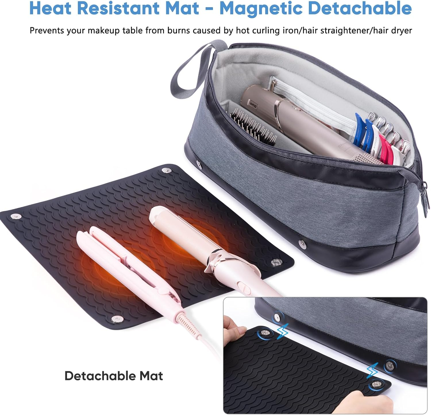 ELCUPA 2IN1 Hair Tools Travel Bag with Removable Heat Resistant Mat Curling Iron Travel Case, Hair Dryer Organizer for Flat Irons, Straighteners and Haircare Accessories, Hot Tools Travel Bag Hair image number 1