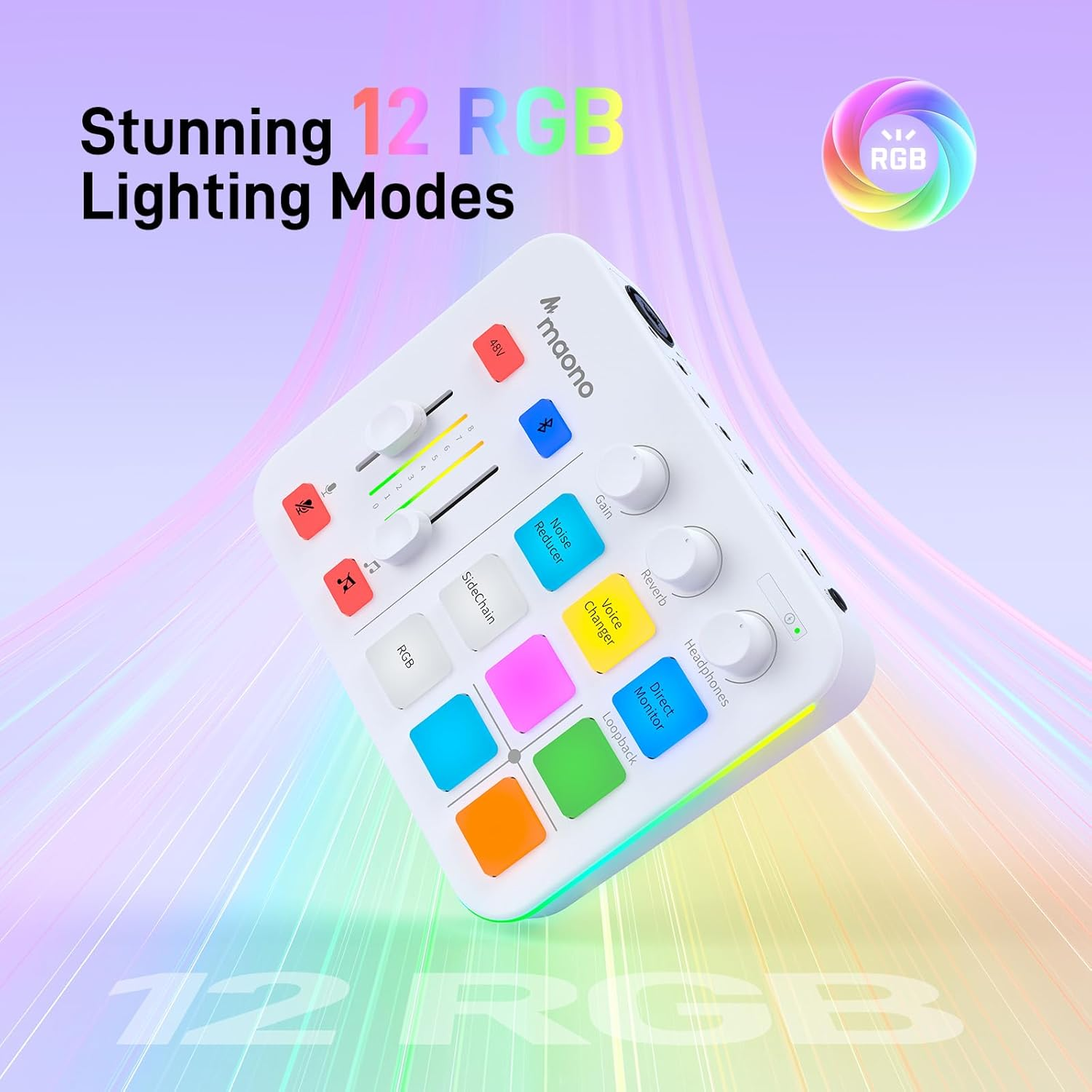 MAONO Gaming Audio Mixer, Audio Interface with Pro-Preamp, RGB, Bluetooth, 48V Phantom Power for Live Streaming, Podcasting, Content Create, Gaming Maonocaster G1 NEO (White) image number 3