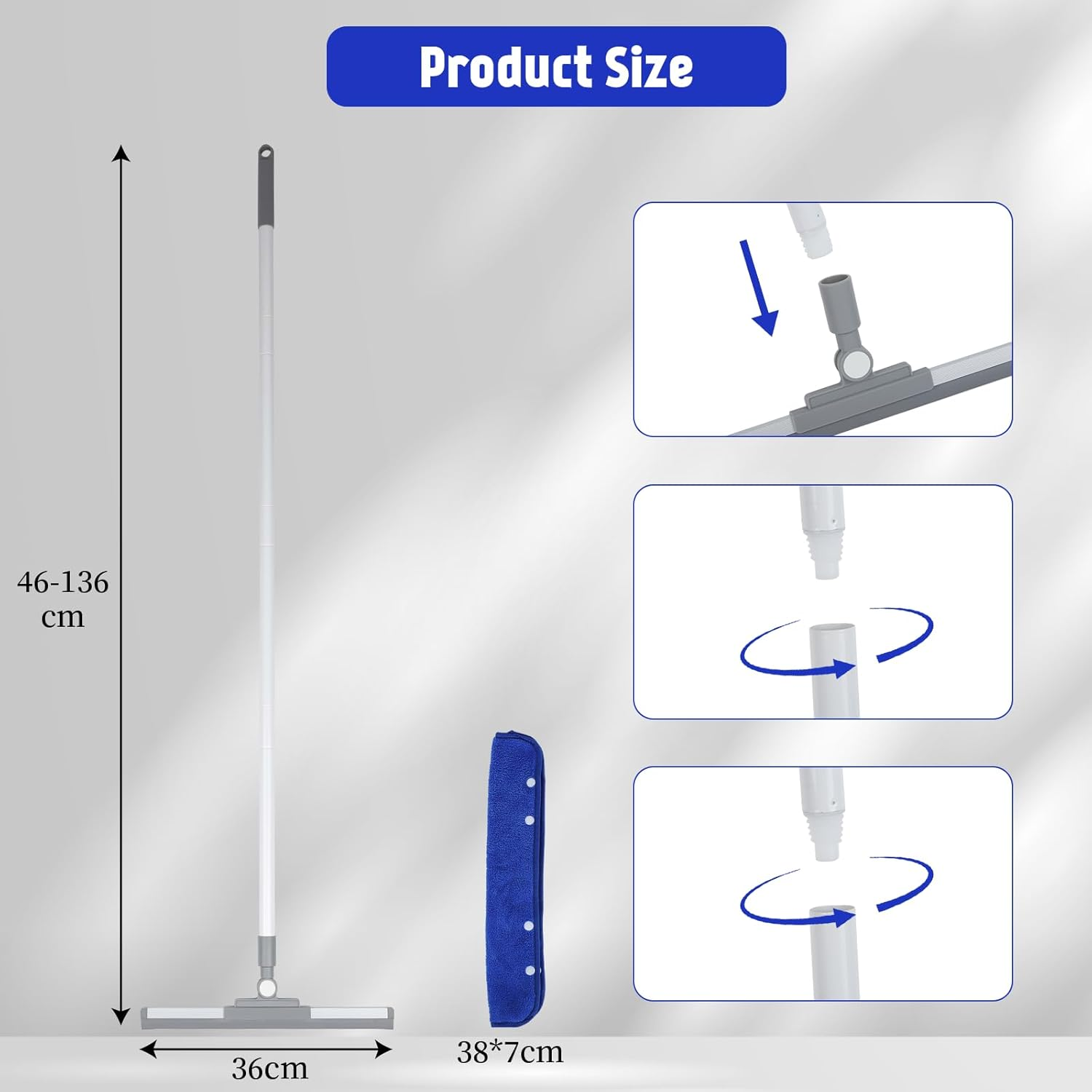 Romon Window Cleaner, Window Squeegee with Telescopic Handle, 136 Cm Water Squeegee, Floor Squeegee with Silicone Squeegee, Window Cleaner Set, Window Cleaning Set for Bathroom, Shower, Glass, Mirror image number 2
