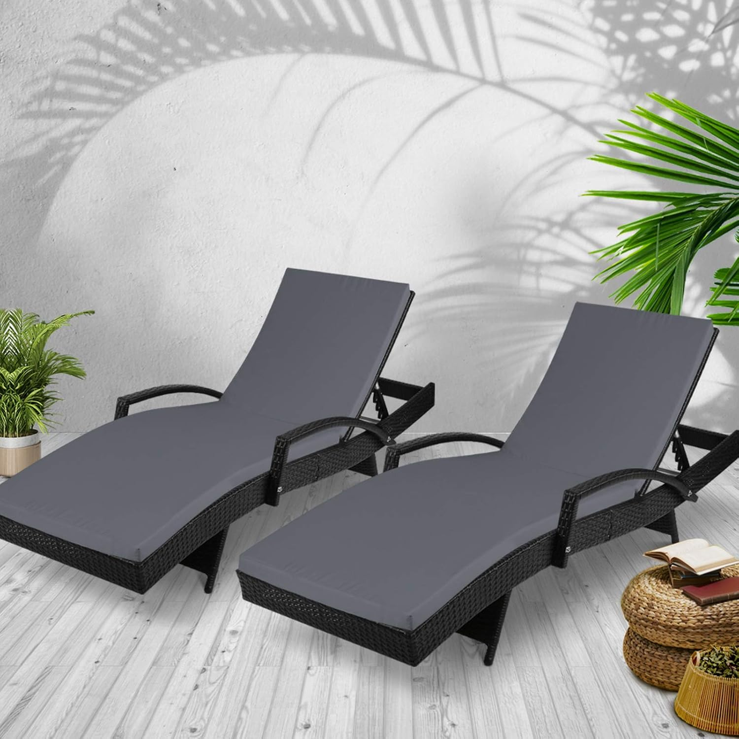 Gardeon Set 2 Sun Lounge Camping Chair Wicker Lounger Rattan Day Bed, Chaise Beach Chairs Outdoor Furniture Garden Patio Setting Pool Backyard, Cushion Armrest Adjustable Backrest Black image number 4
