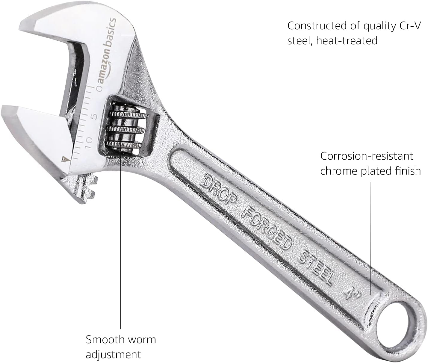 Amazon Basics Adjustable Wrench with Inch/Metric Scale, Chrome-Plated, 4-Inch (100Mm) image number 6