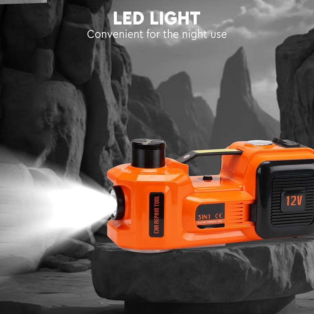 HORUSDY 12V 5T Electric Hydraulic Car Jack Kit with Built-In Air Pump & LED Light, Portable 3-In-1 Auto Floor Jack Lifting Set