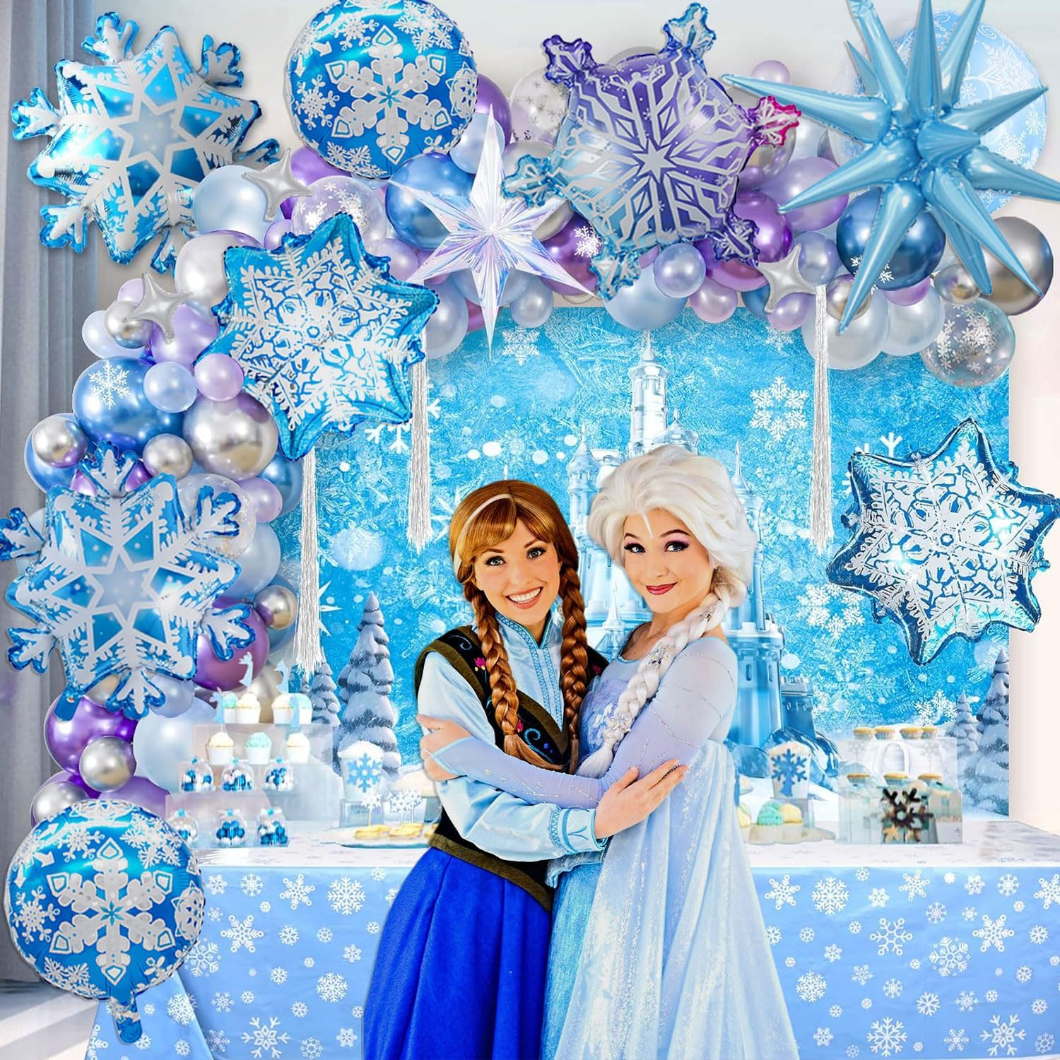 18Pcs Snowflake Large Blue Spiky Star Foil Balloons for Birthday, Baby Shower, Wedding, Princess Party, Winter Wonderland Party Decorations Supplies image number 5