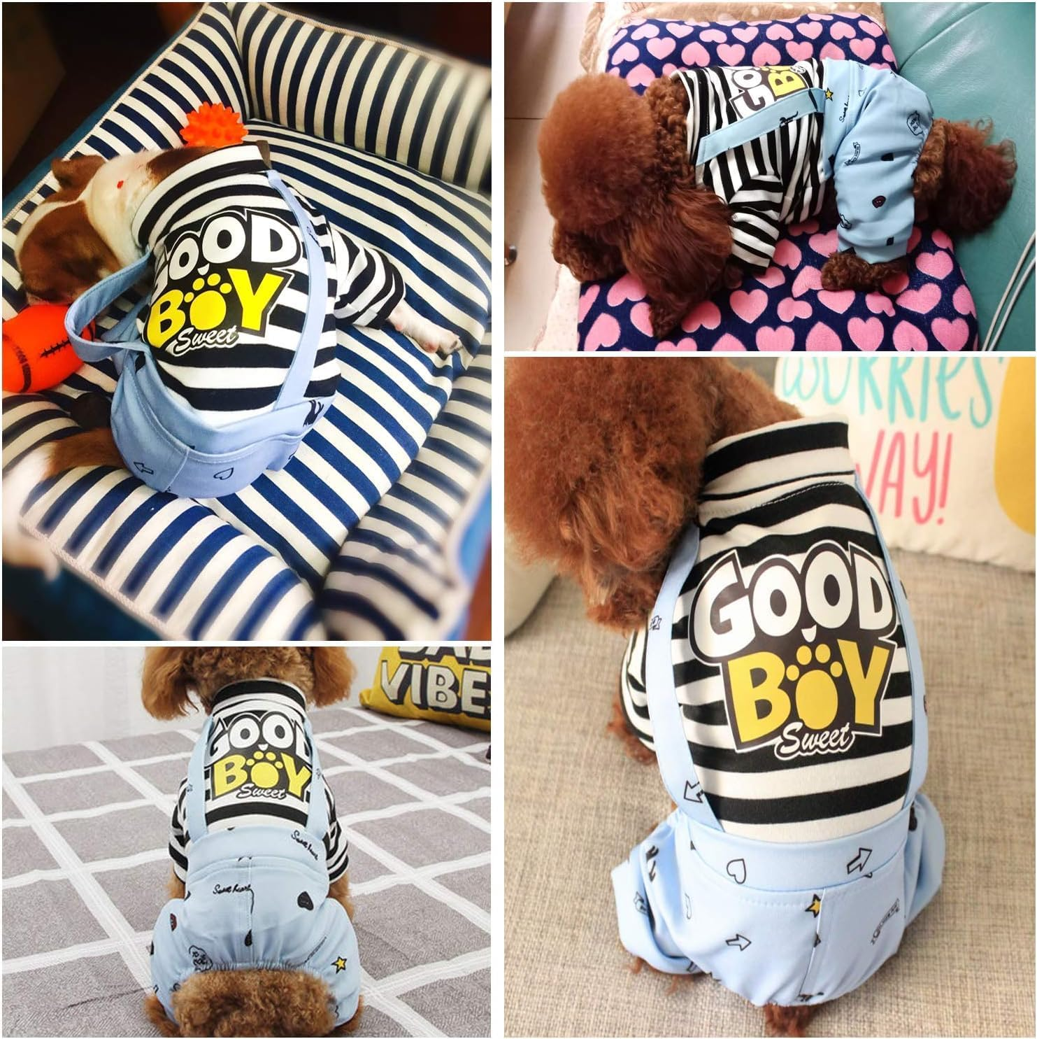 Dog Jumpsuit, Striped Puppy Pajamas, Cute Doggie Kitten Onesies Pjs Jumpers, Soft Cotton Shirt, 4 Legs Apparel Pet Clothes Outfits for Small Medium Large Dogs Cats Kitty Boy Girl (Blue, M) image number 6