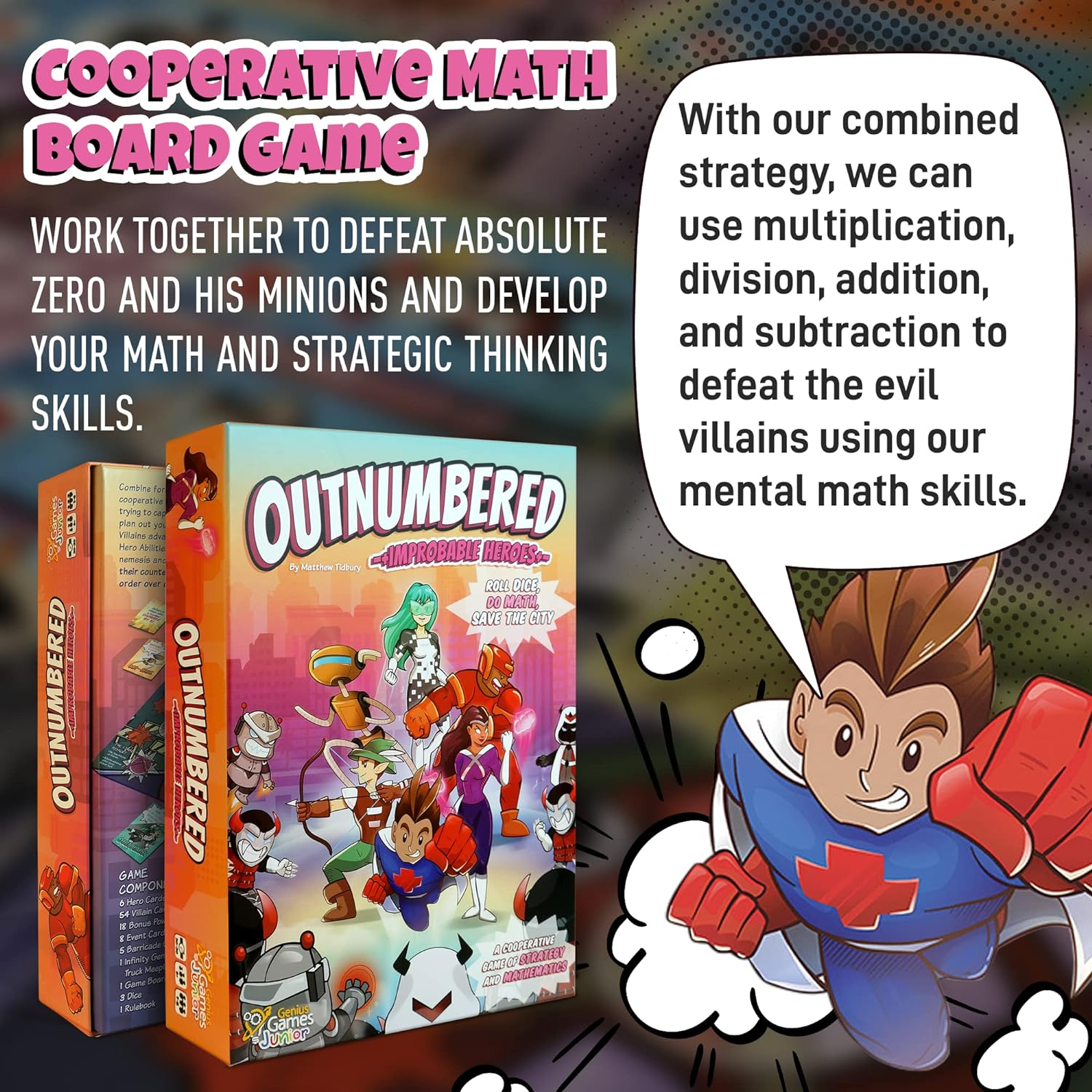 Genius Games Outnumbered: Improbable Heroes | Cooperative Superhero Math Game | 1-6 Players | Ages 10+ image number 1